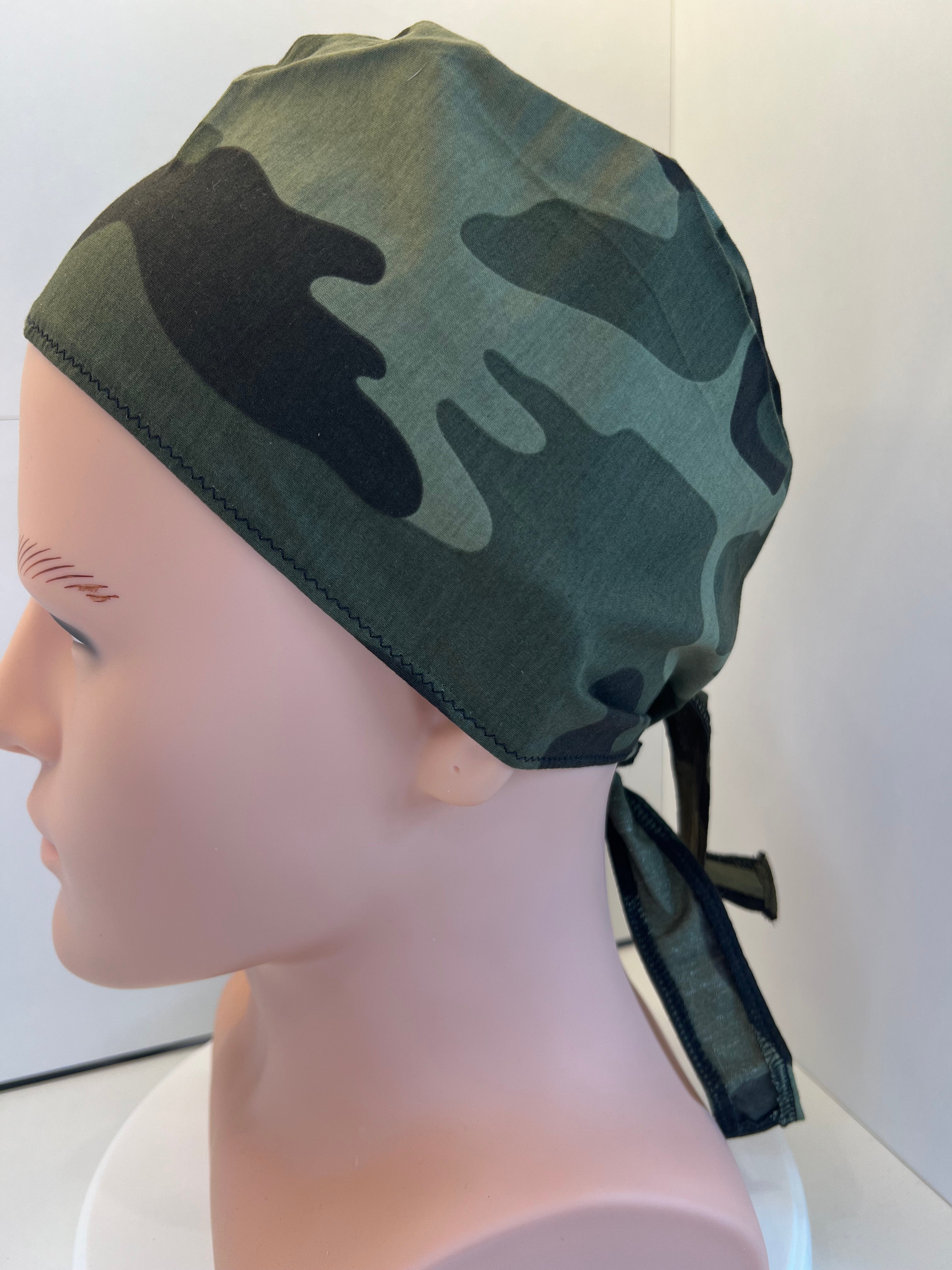Camouflage Cotton Fabric tie-back theatre scrub cap / hat.  Ethically made
