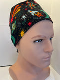 Black Space Explorers 100% Cotton Tie-Back Surgical/Theatre Scrub Hat/Cap. UK Handmade