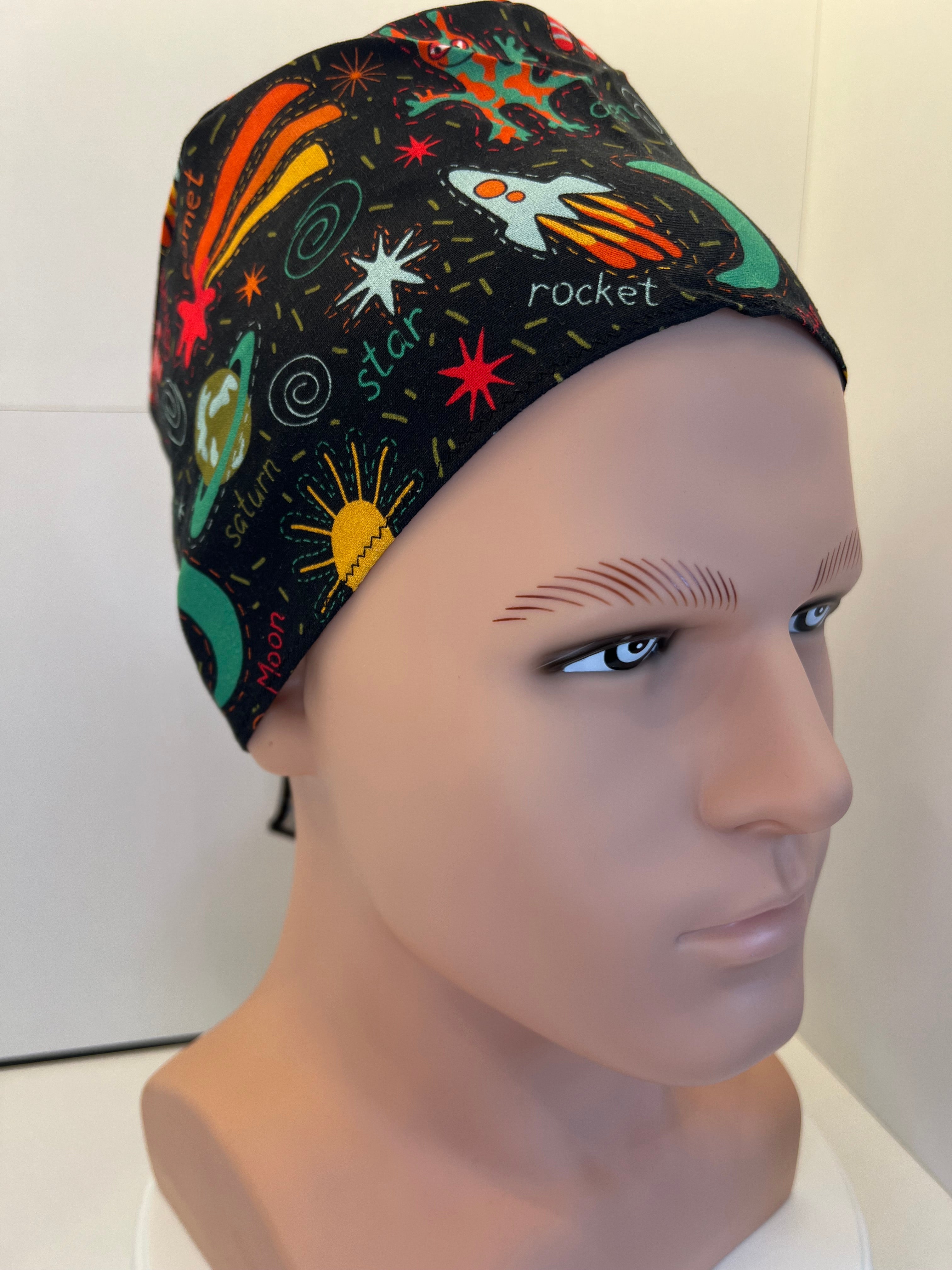 Black Space Explorers 100% Cotton Tie-Back Surgical/Theatre Scrub Hat/Cap. UK Handmade