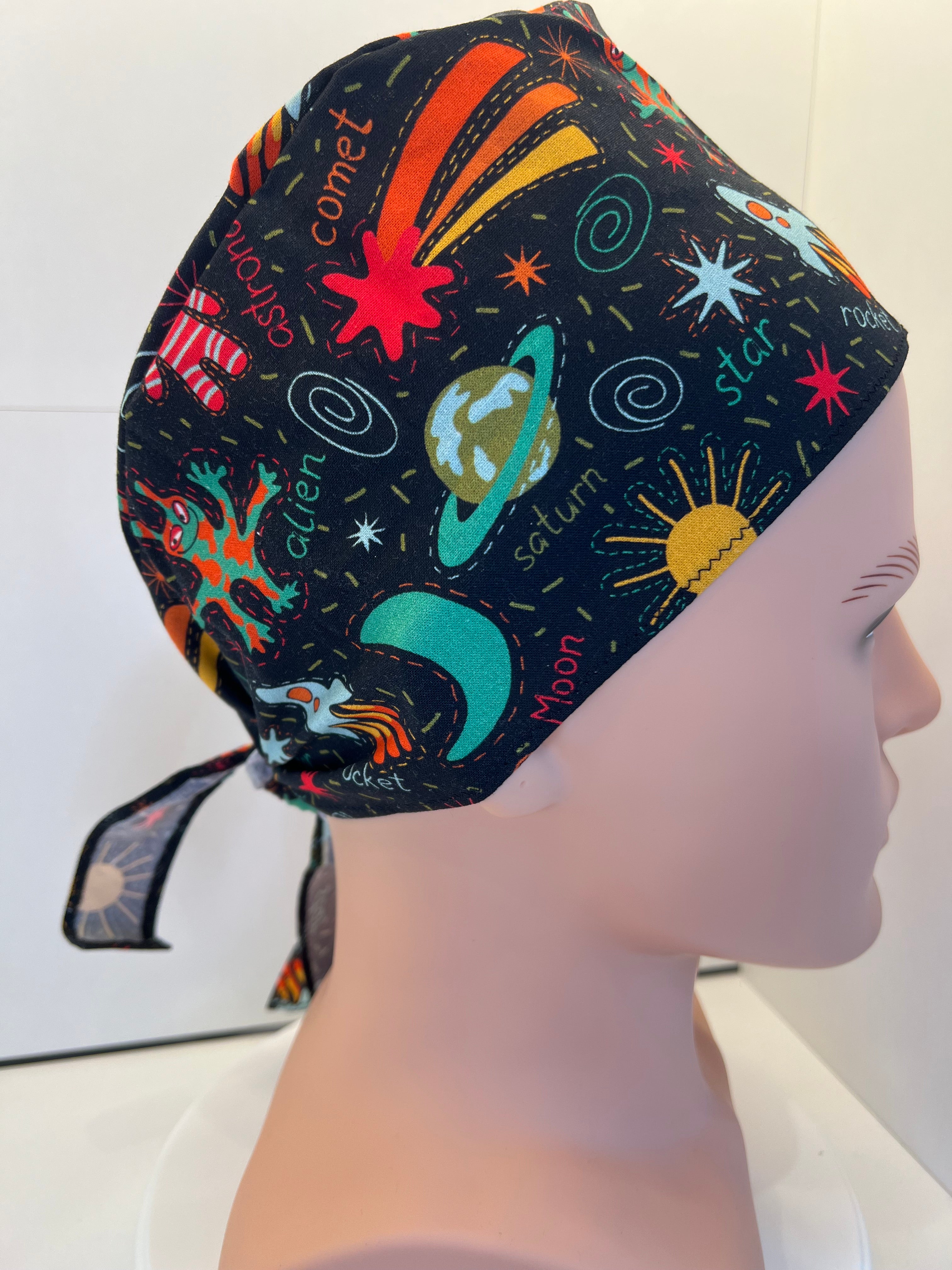 Black Space Explorers 100% Cotton Tie-Back Surgical/Theatre Scrub Hat/Cap. UK Handmade