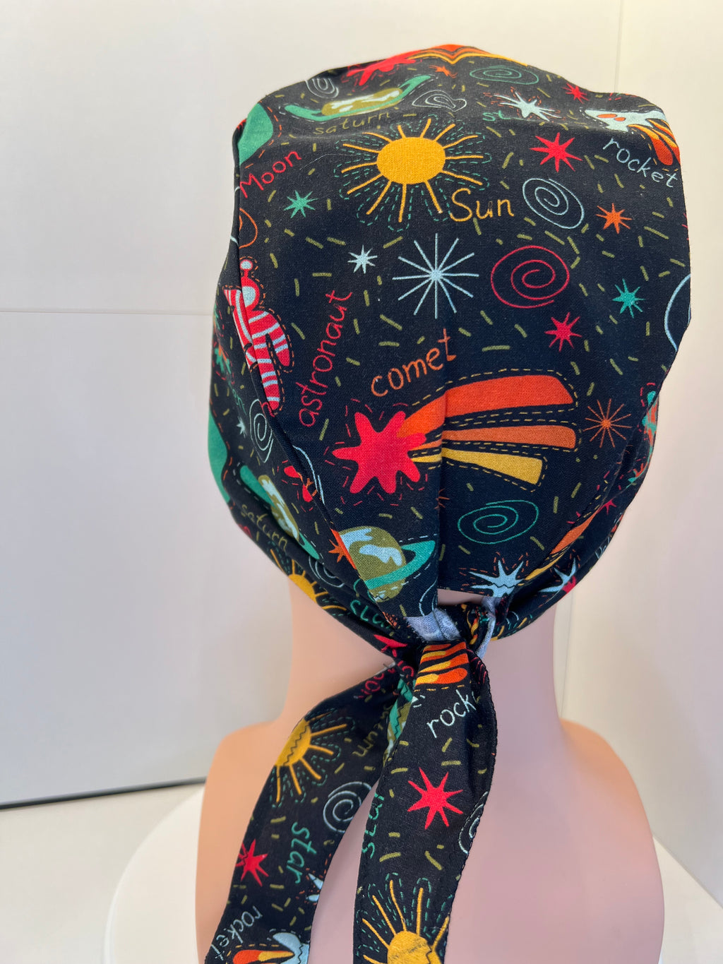 Black Space Explorers 100% Cotton Tie-Back Surgical/Theatre Scrub Hat/Cap. UK Handmade