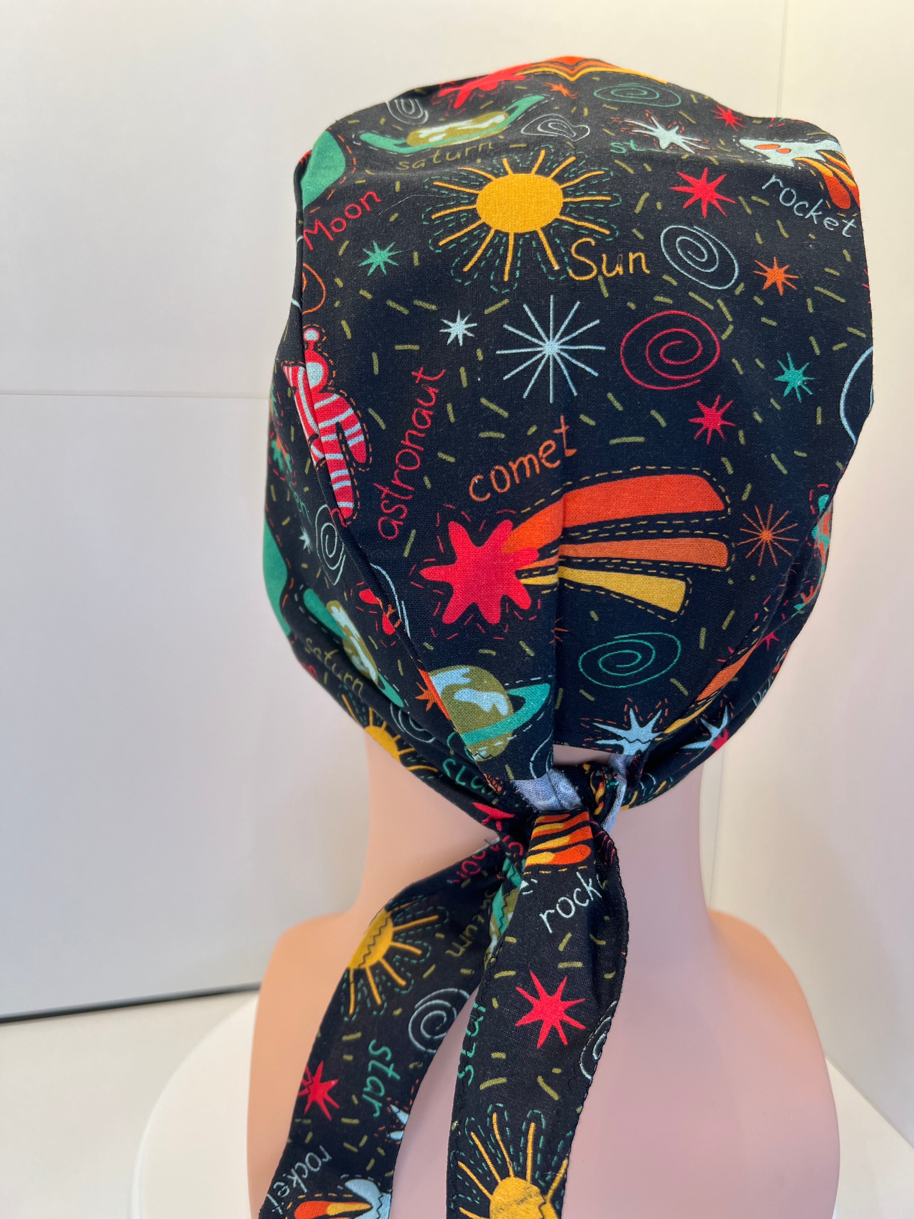 Black Space Explorers 100% Cotton Tie-Back Surgical/Theatre Scrub Hat/Cap. UK Handmade