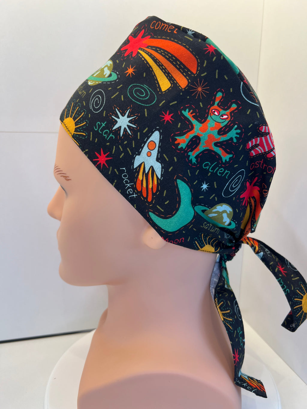 Black Space Explorers 100% Cotton Tie-Back Surgical/Theatre Scrub Hat/Cap. UK Handmade