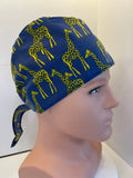 Blue Giraffes 100% Cotton Tie-Back Surgical/Theatre Scrub Hat/Cap. UK Handmade