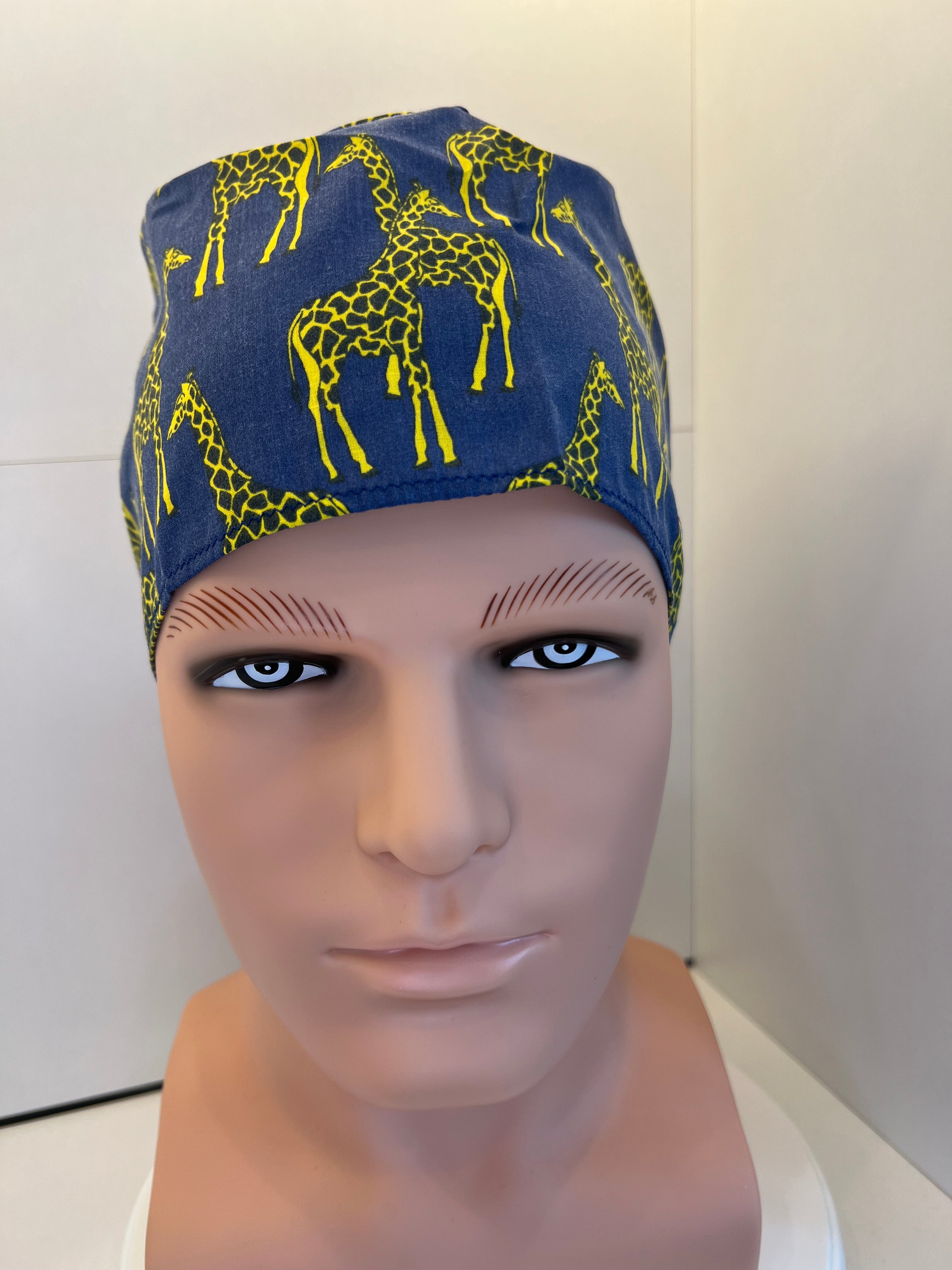 Blue Giraffes 100% Cotton Tie-Back Surgical/Theatre Scrub Hat/Cap. UK Handmade