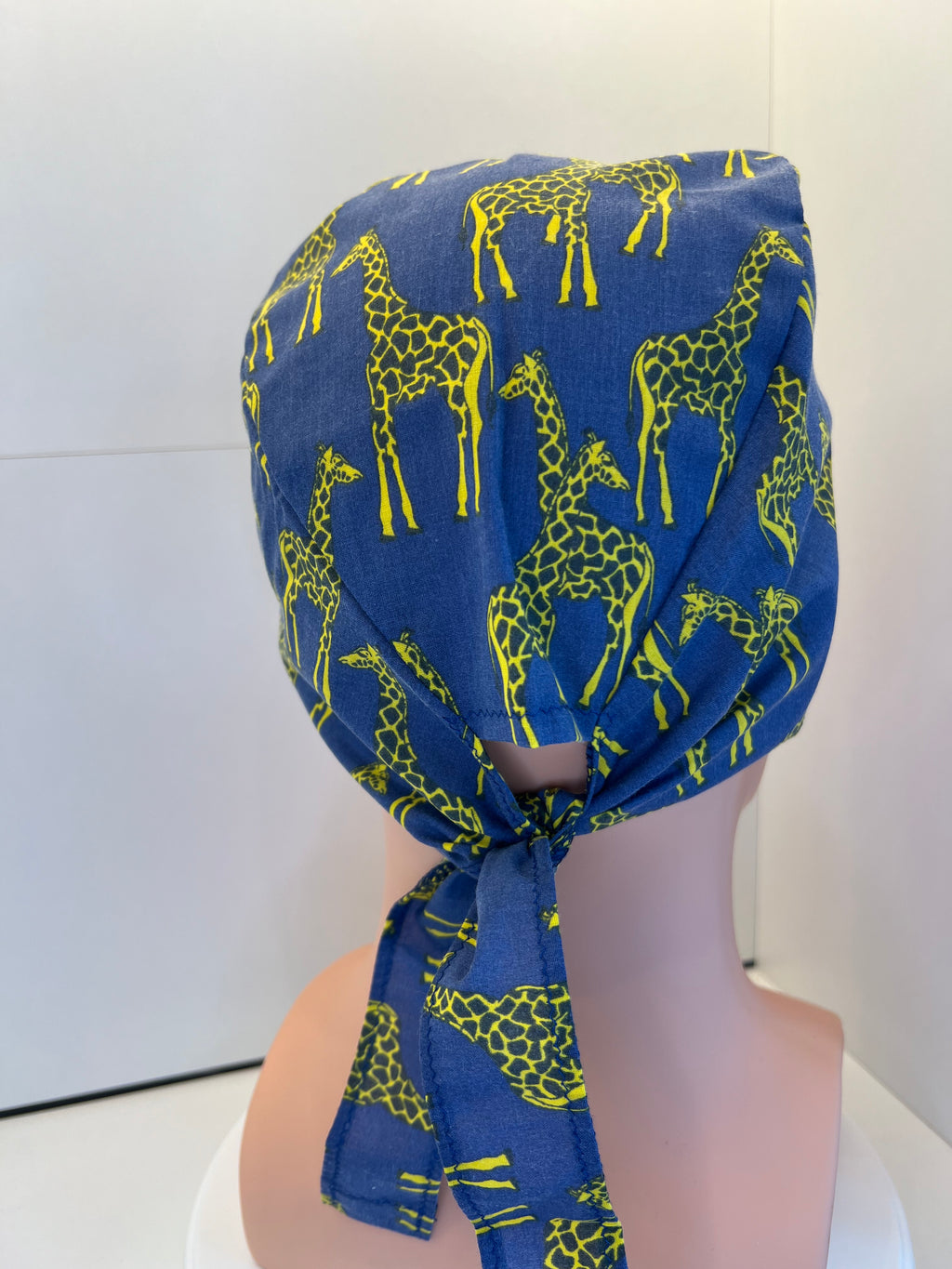 Blue Giraffes 100% Cotton Tie-Back Surgical/Theatre Scrub Hat/Cap. UK Handmade
