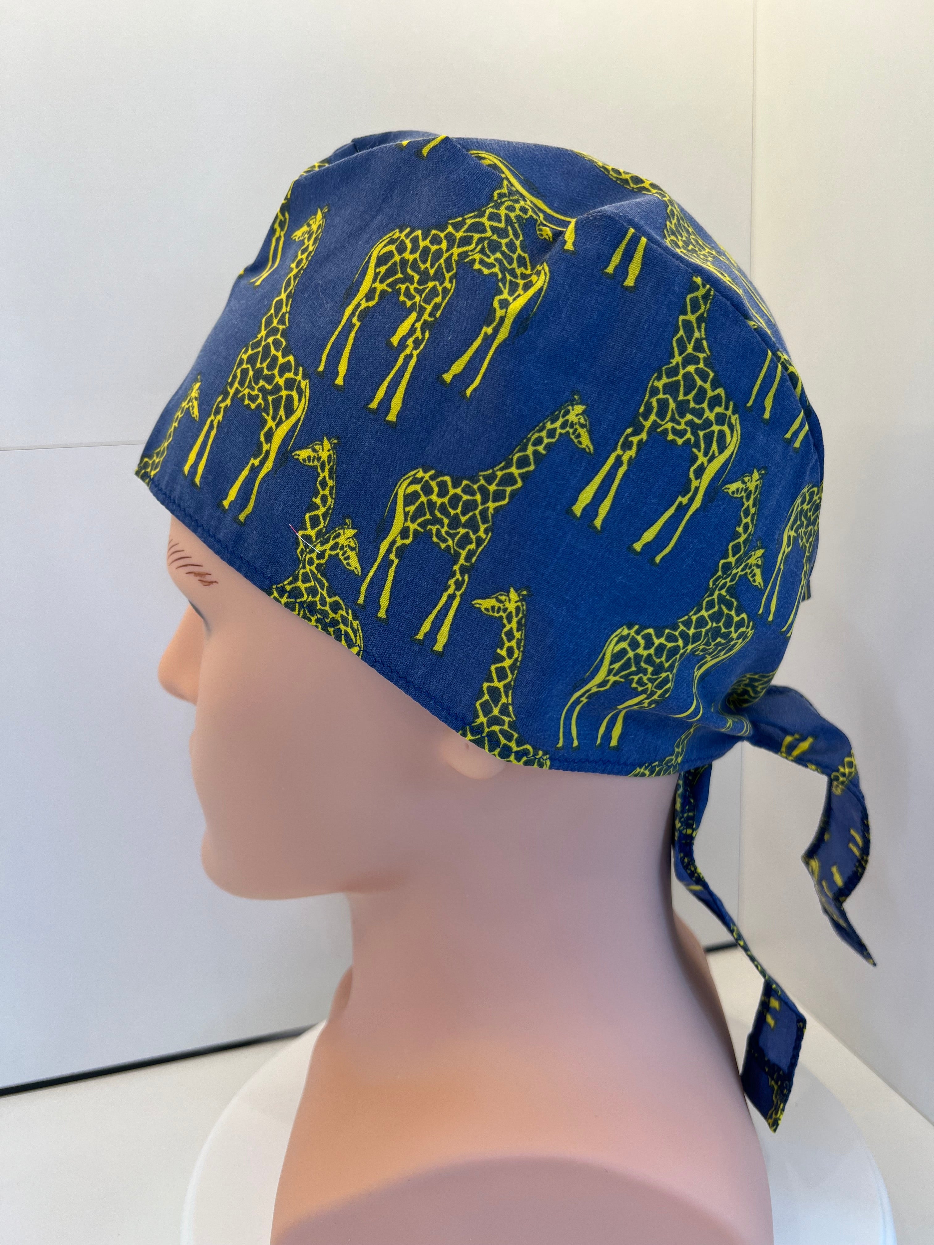 Blue Giraffes 100% Cotton Tie-Back Surgical/Theatre Scrub Hat/Cap. UK Handmade