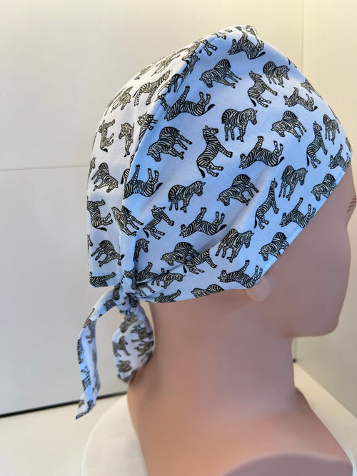 Blue Zebras Cotton 100% Cotton Tie-Back Surgical/Theatre Scrub Hat/Cap. UK Handmade