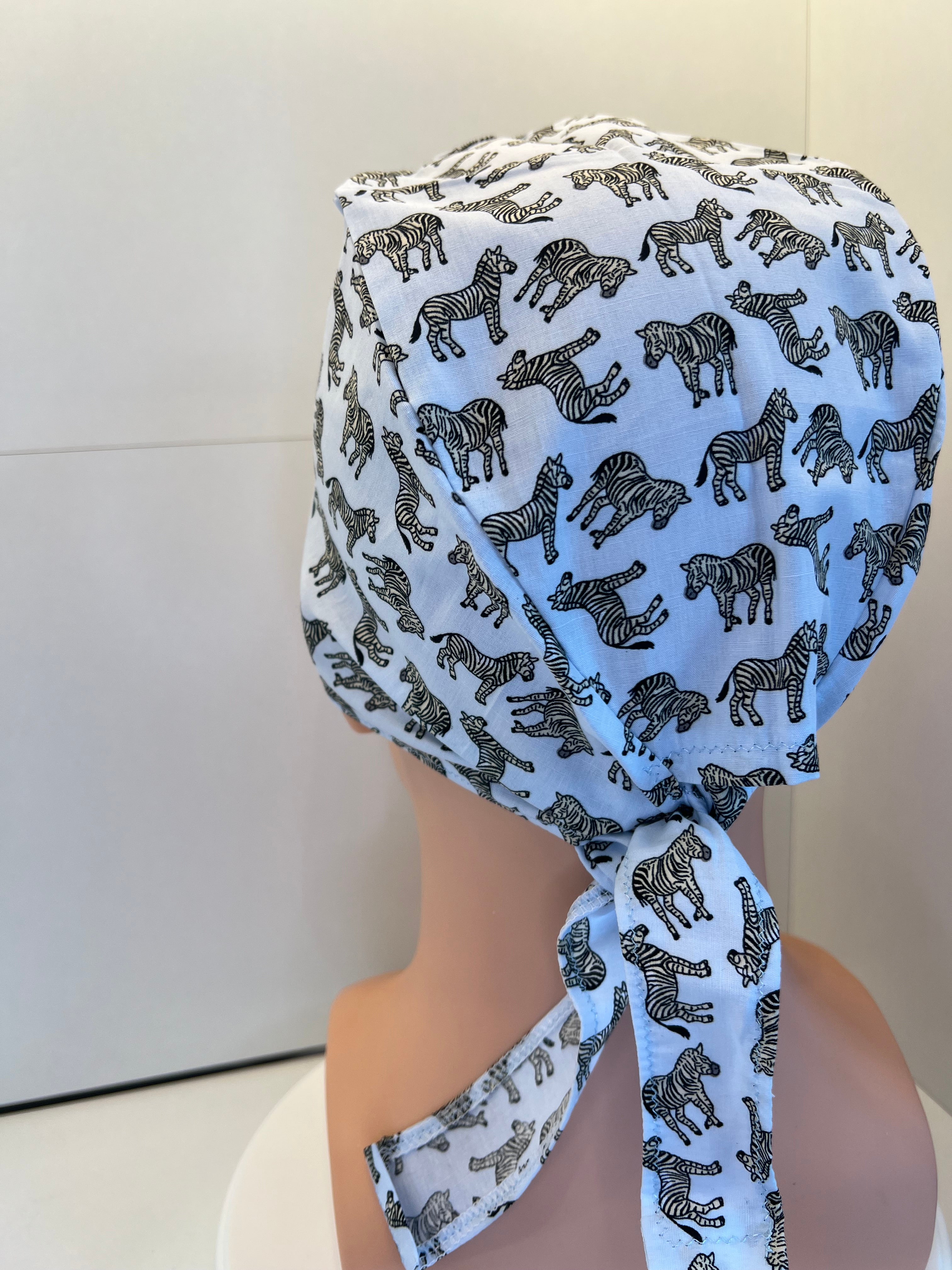 Blue Zebras Cotton 100% Cotton Tie-Back Surgical/Theatre Scrub Hat/Cap. UK Handmade