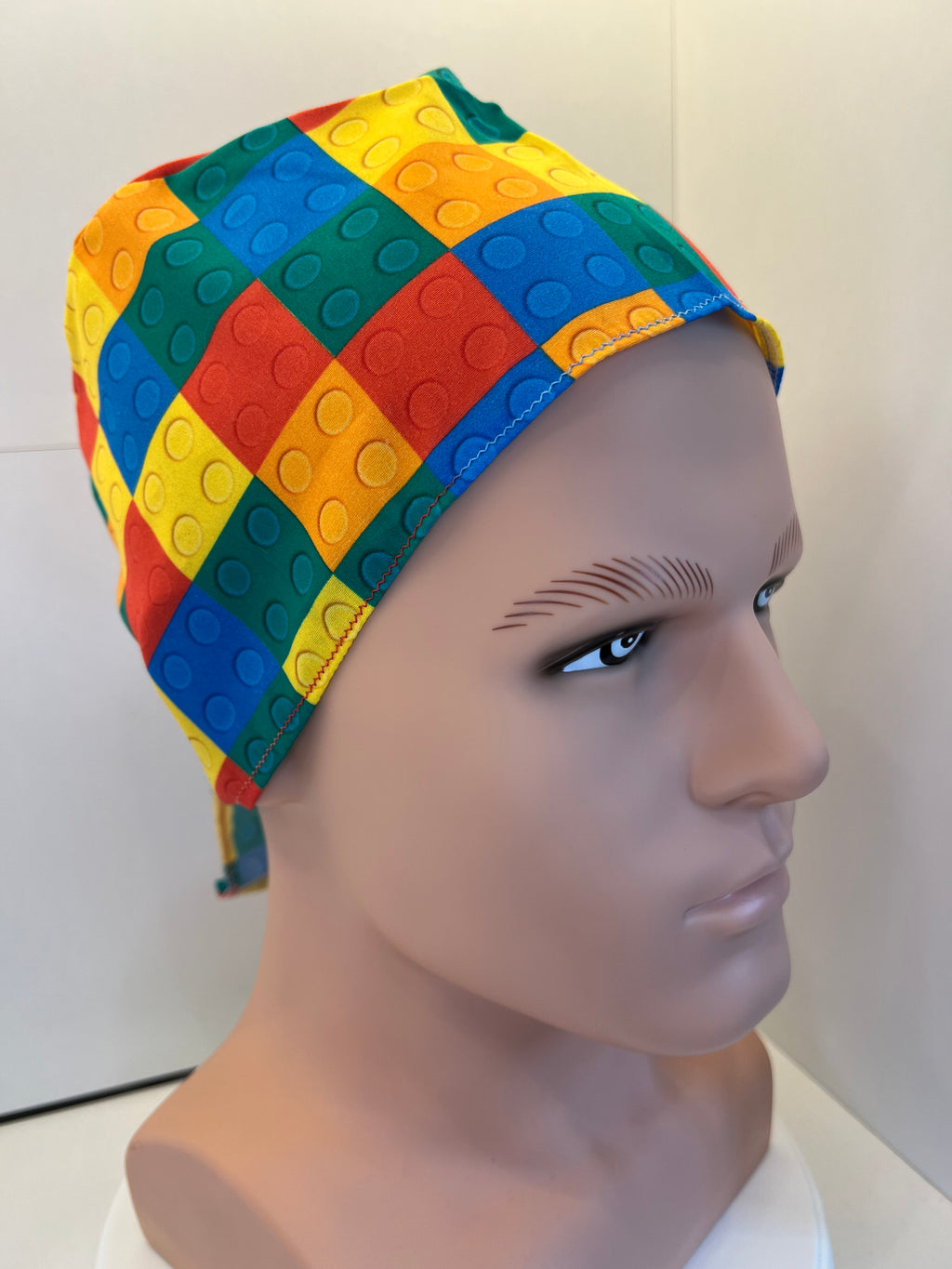 Bright Lego Bricks 100% Cotton Tie-Back Surgical/Theatre Scrub Hat/Cap. UK Handmade