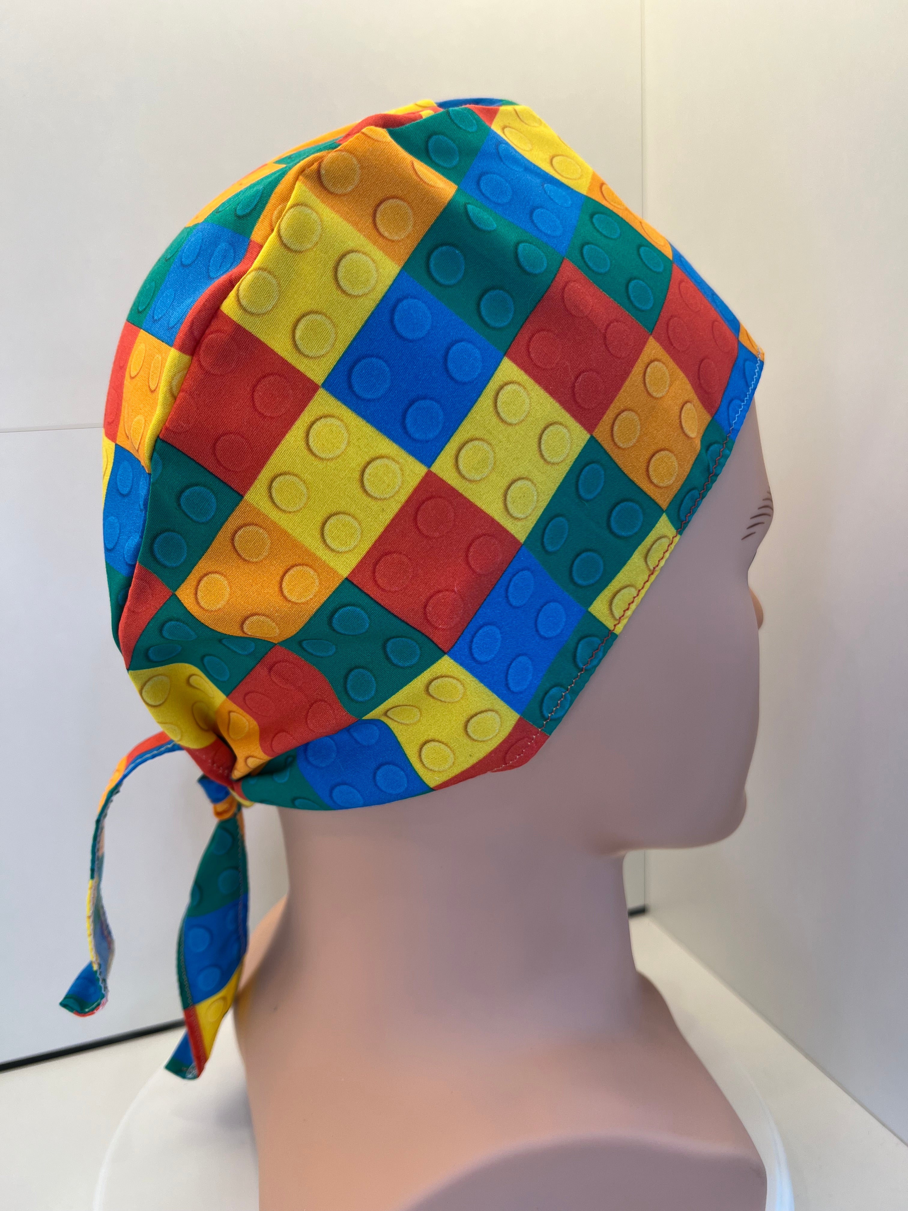 Bright Lego Bricks 100% Cotton Tie-Back Surgical/Theatre Scrub Hat/Cap. UK Handmade