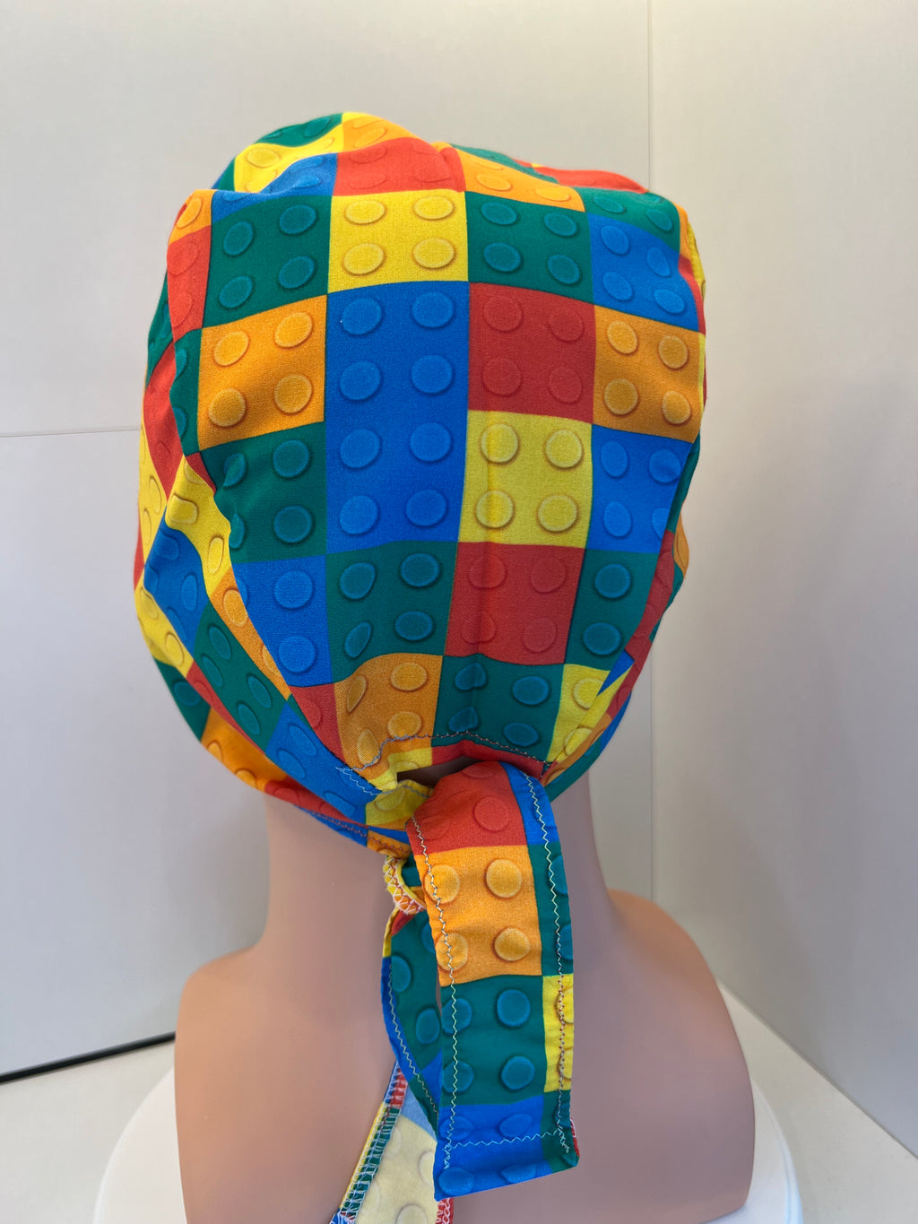 Bright Lego Bricks 100% Cotton Tie-Back Surgical/Theatre Scrub Hat/Cap. UK Handmade