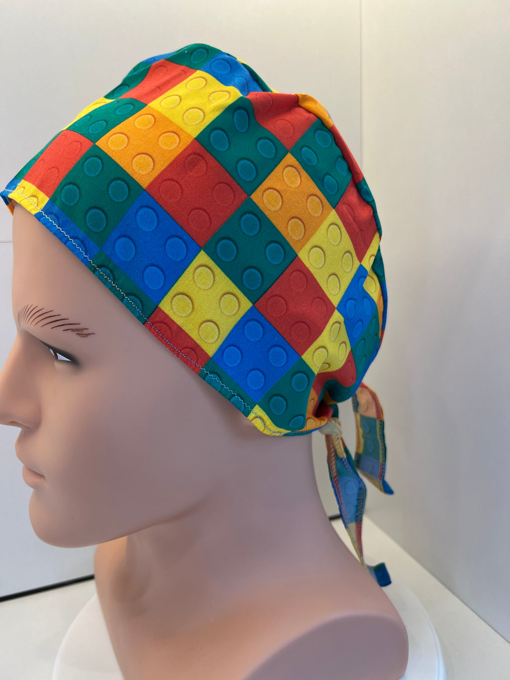 Bright Lego Bricks 100% Cotton Tie-Back Surgical/Theatre Scrub Hat/Cap. UK Handmade