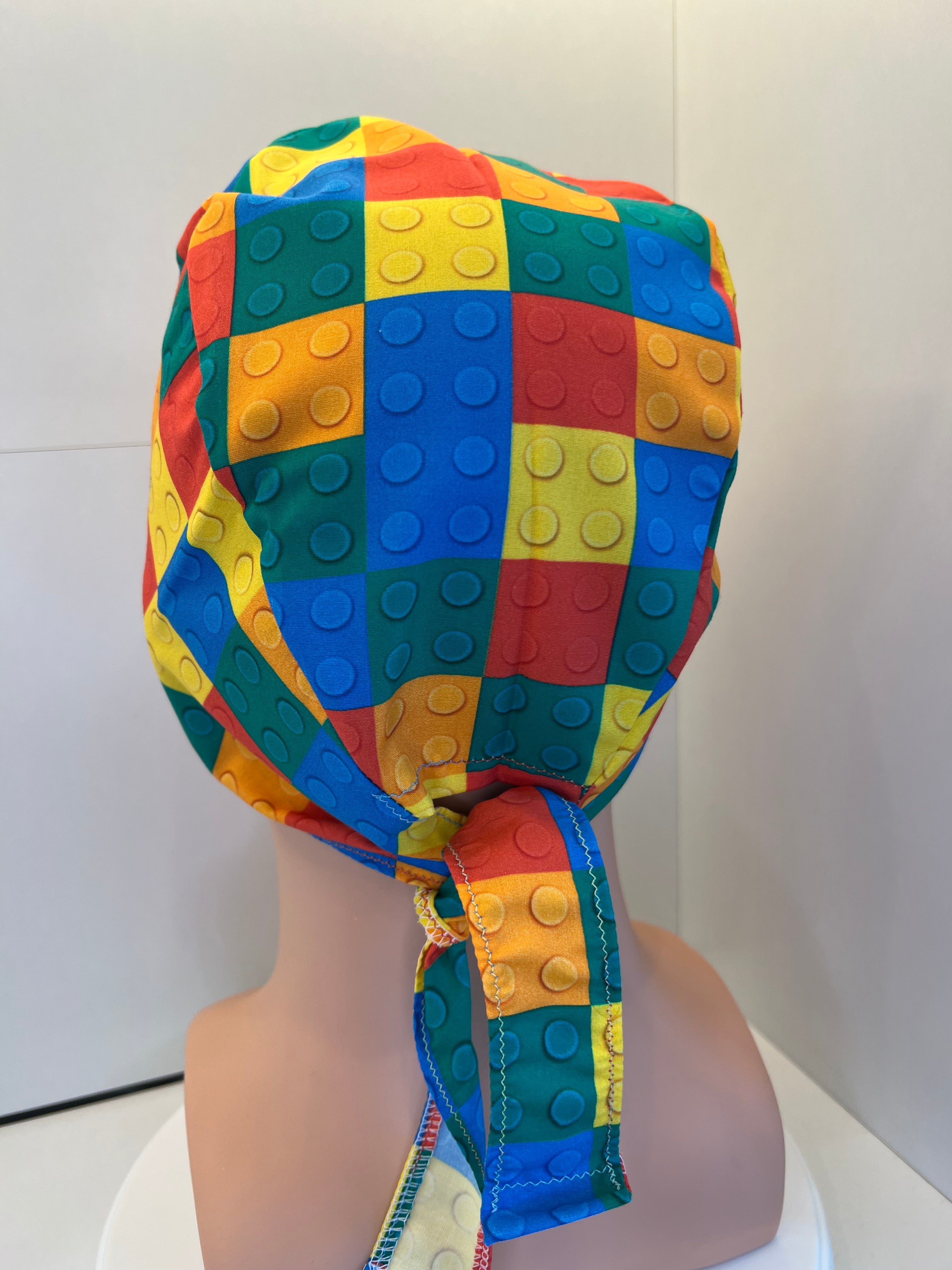 Bright Lego Bricks 100% Cotton Tie-Back Surgical/Theatre Scrub Hat/Cap. UK Handmade
