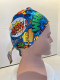 Bright Superhero Slogans Cotton Fabric tie-back theatre scrub cap / hat