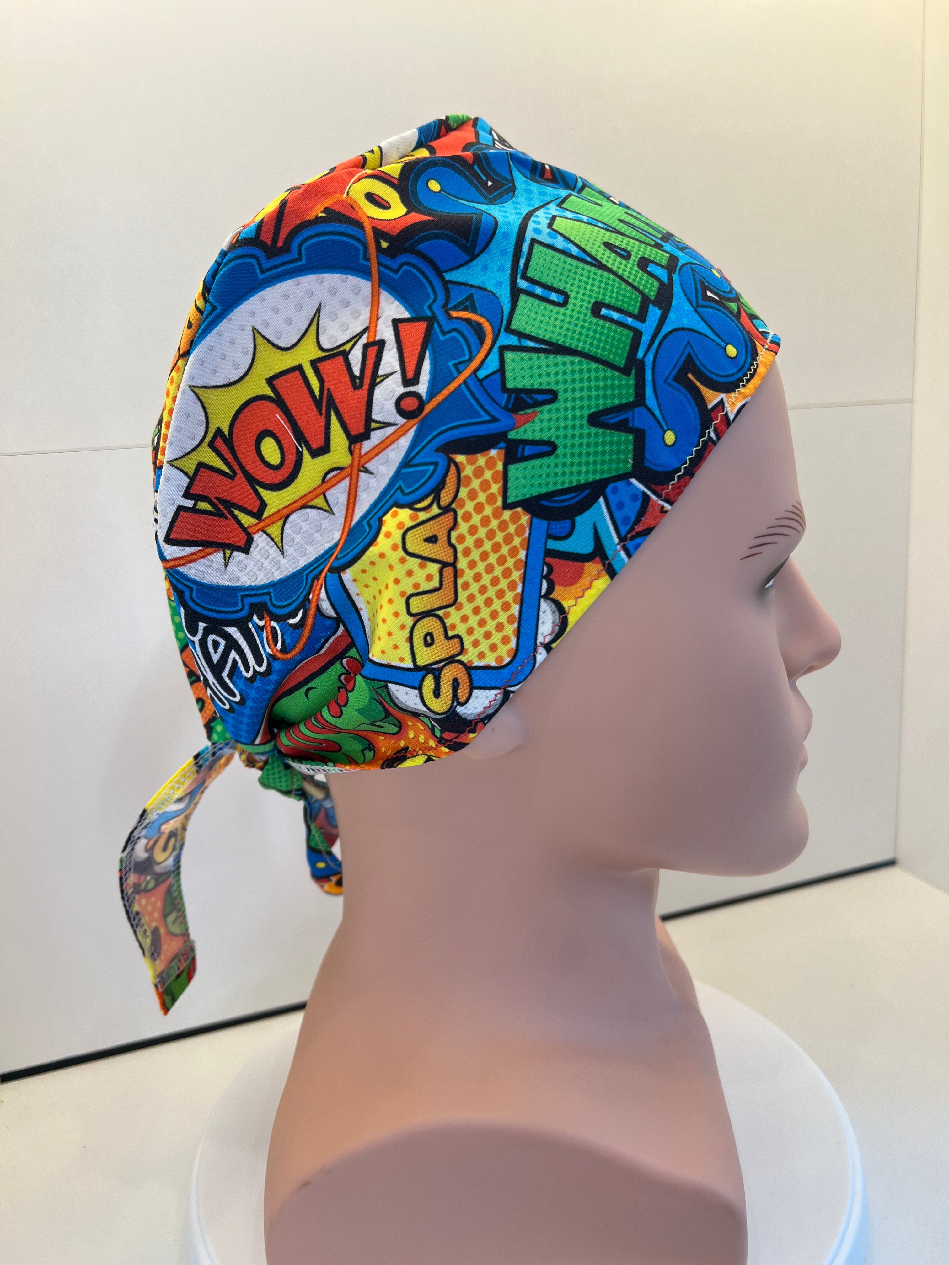 Bright Superhero Slogans Cotton Fabric tie-back theatre scrub cap / hat
