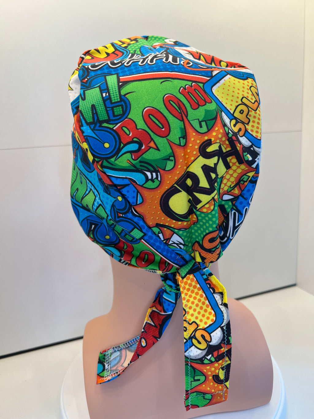 Bright Superhero Slogans Cotton Fabric tie-back theatre scrub cap / hat