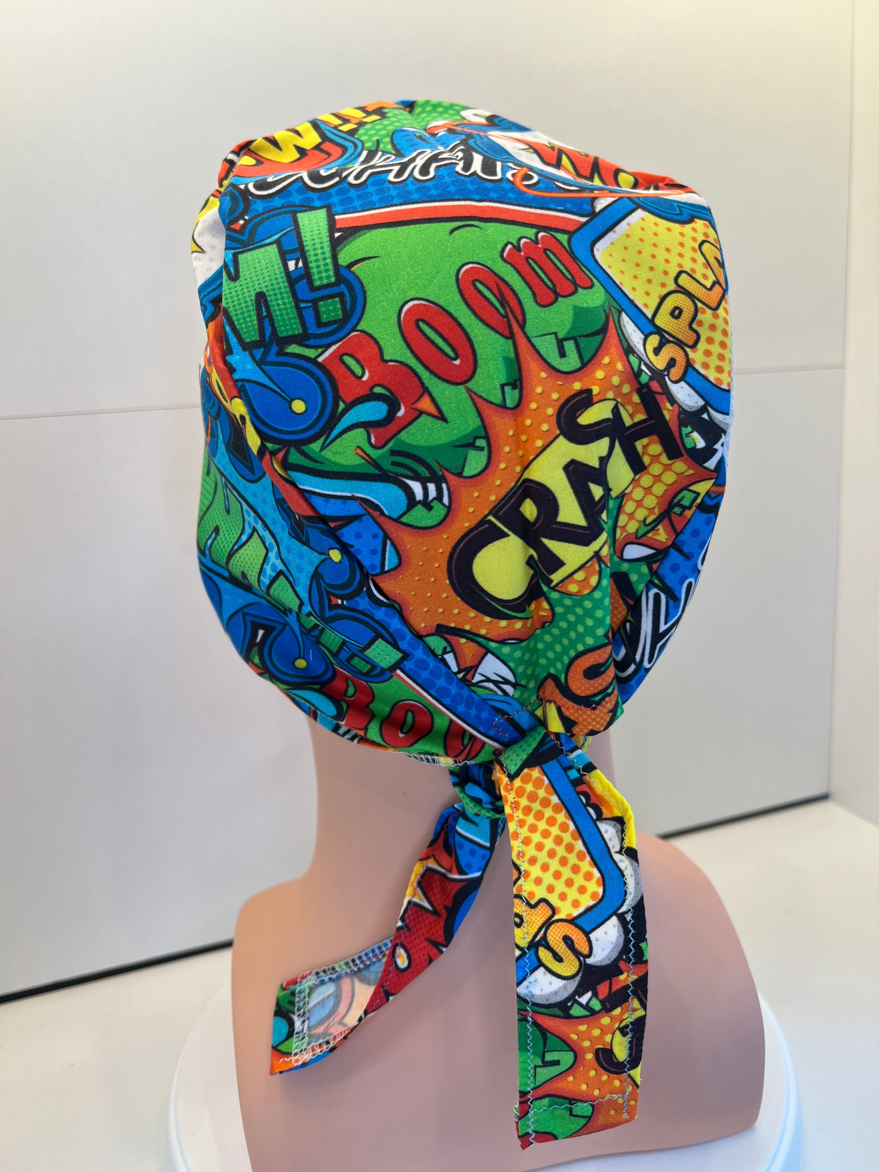 Bright Superhero Slogans Cotton Fabric tie-back theatre scrub cap / hat