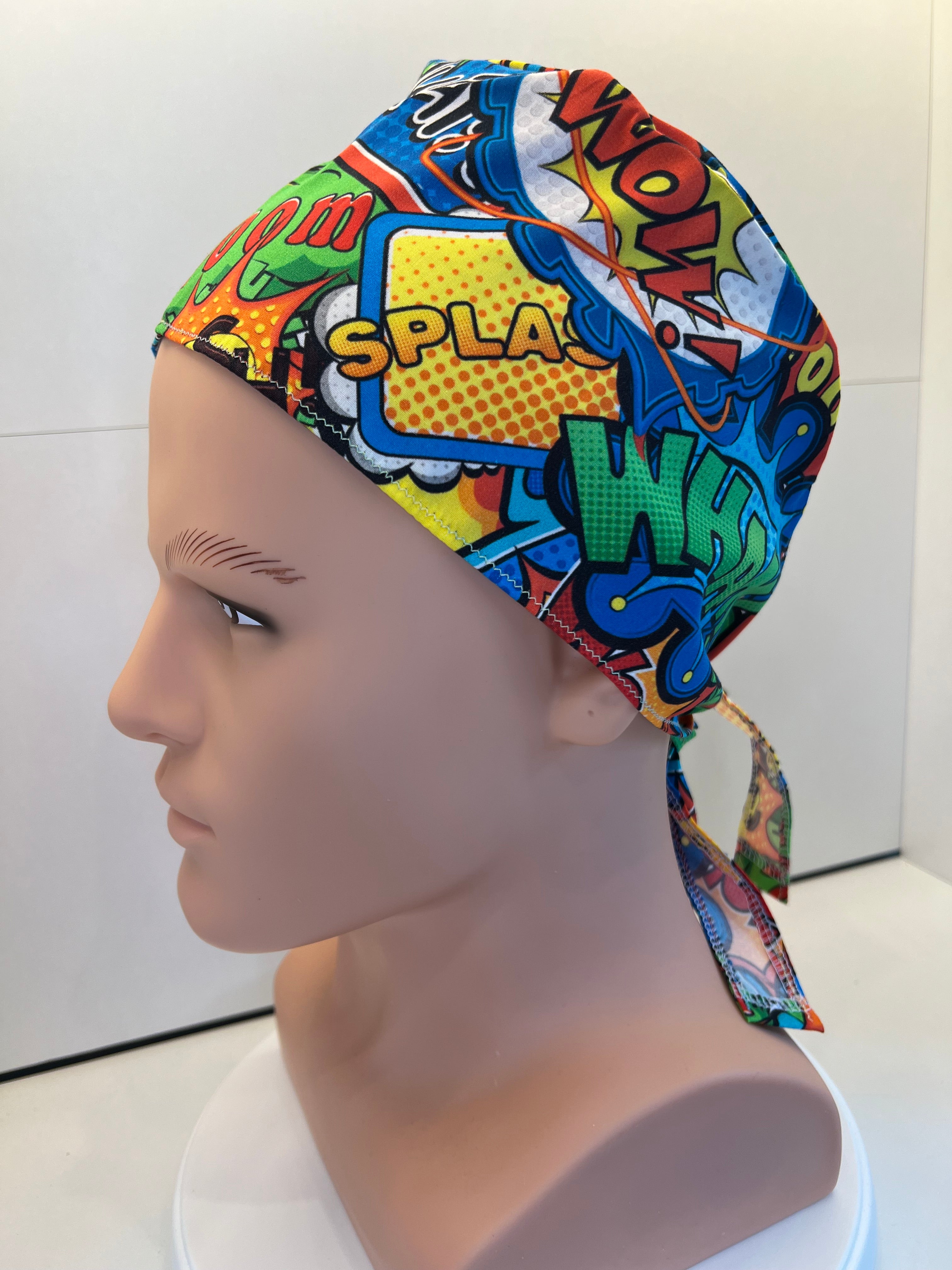 Bright Superhero Slogans Cotton Fabric tie-back theatre scrub cap / hat