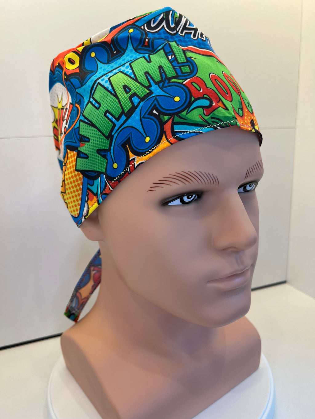 Bright Superhero Slogans Cotton Fabric tie-back theatre scrub cap / hat