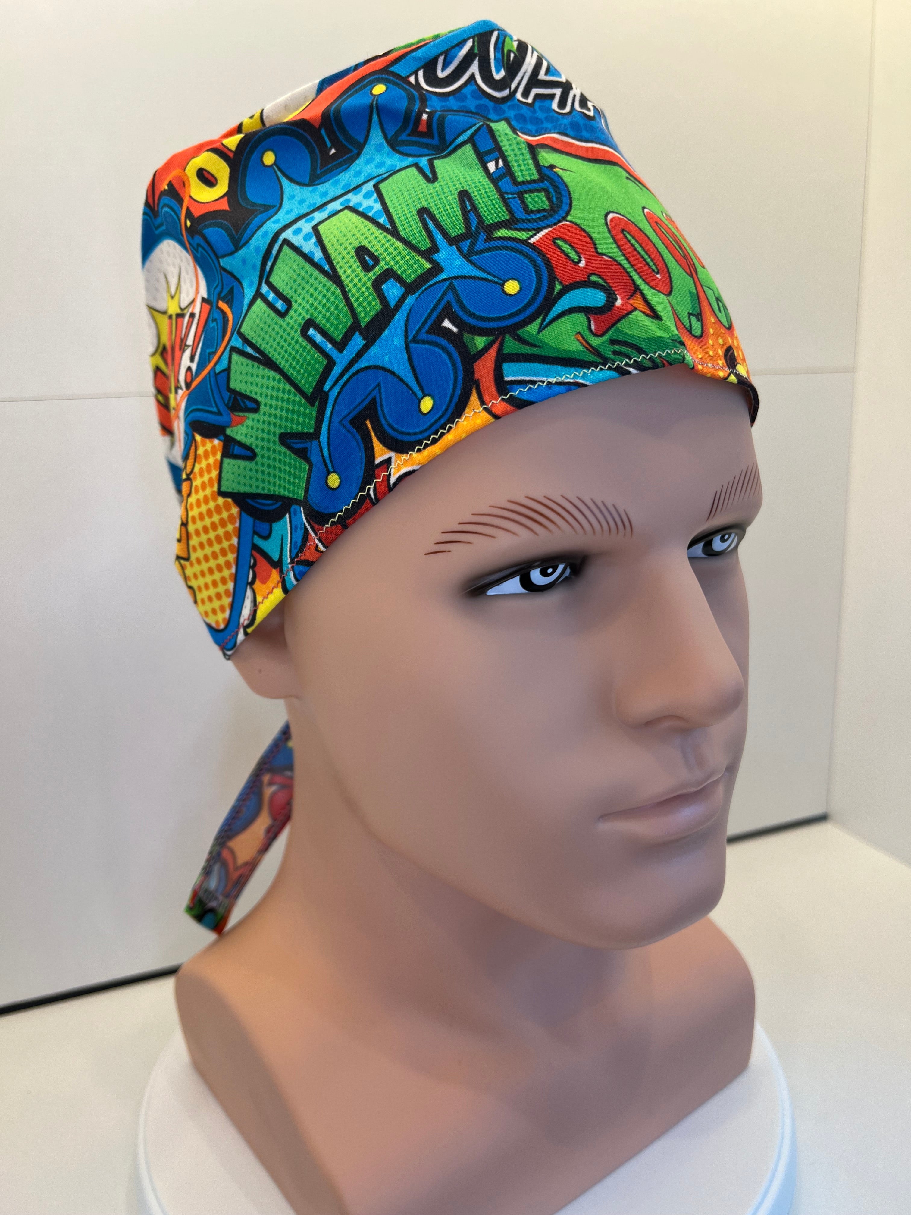 Bright Superhero Slogans Cotton Fabric tie-back theatre scrub cap / hat