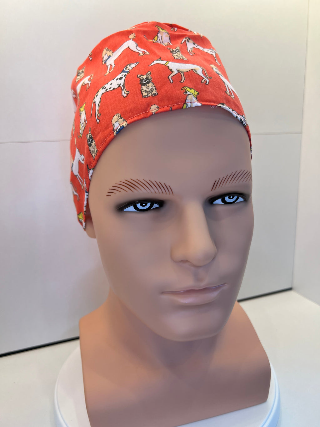 Coral Dogs Cotton Fabric tie-back theatre scrub cap / hat.  Ethically made