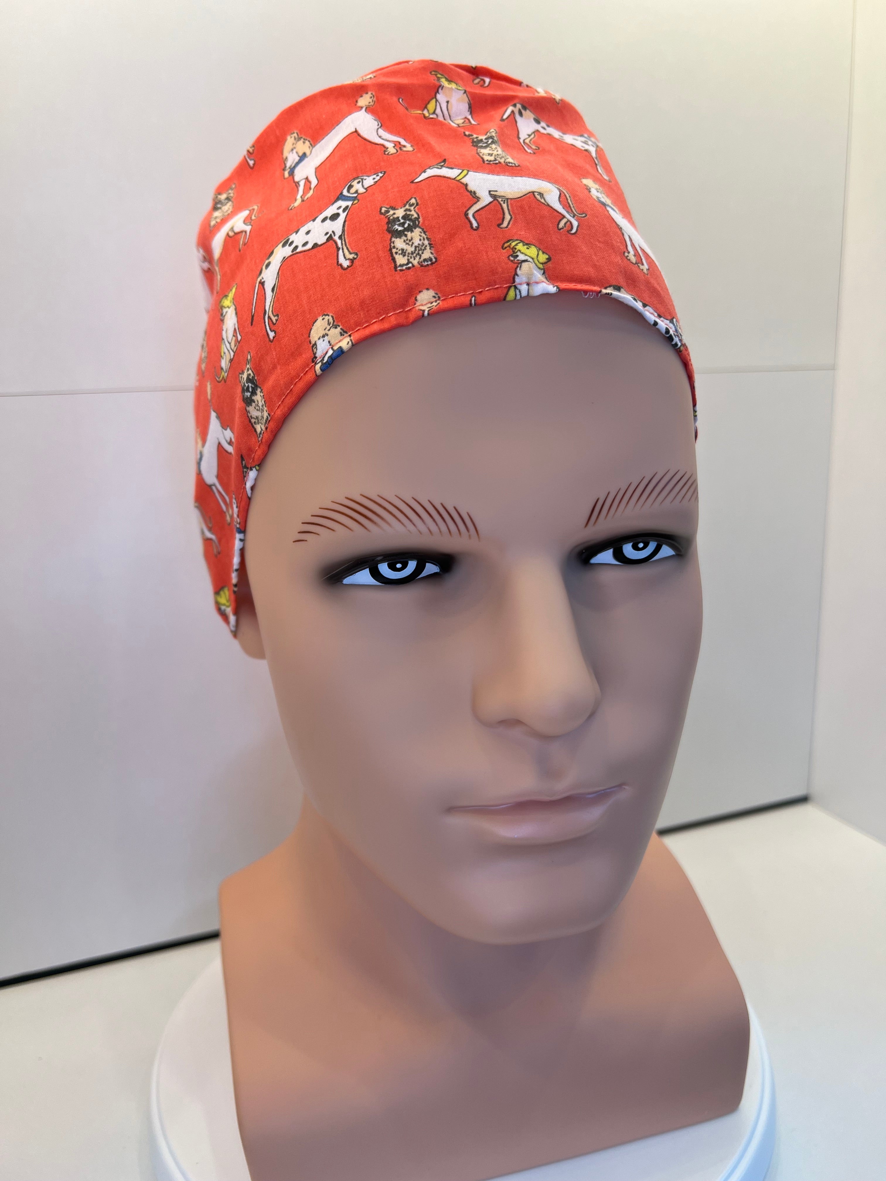 Coral Dogs Cotton Fabric tie-back theatre scrub cap / hat.  Ethically made