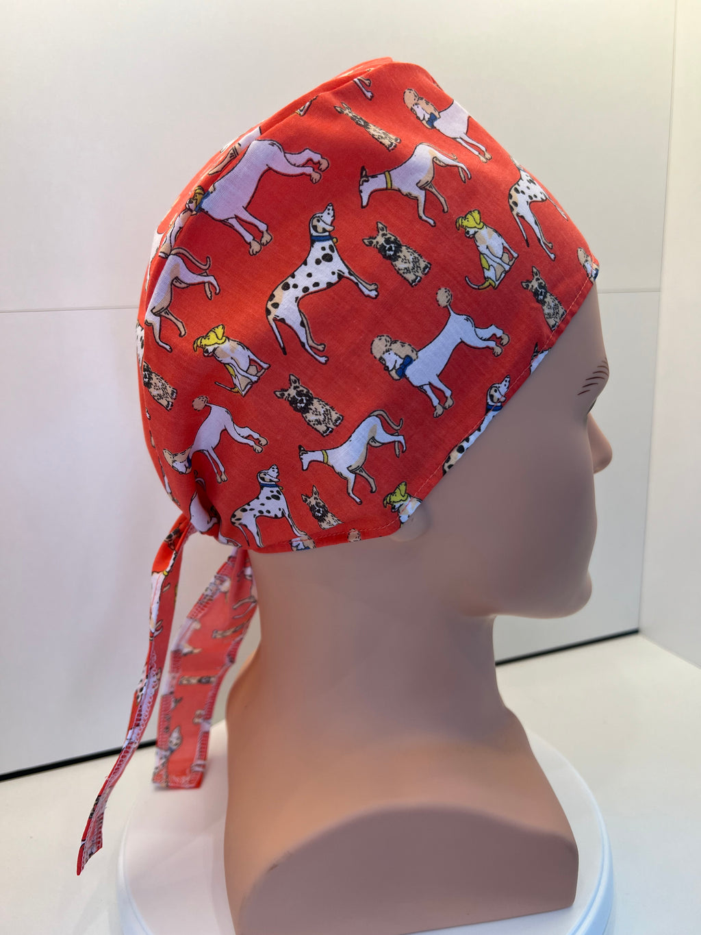 Coral Dogs Cotton Fabric tie-back theatre scrub cap / hat.  Ethically made