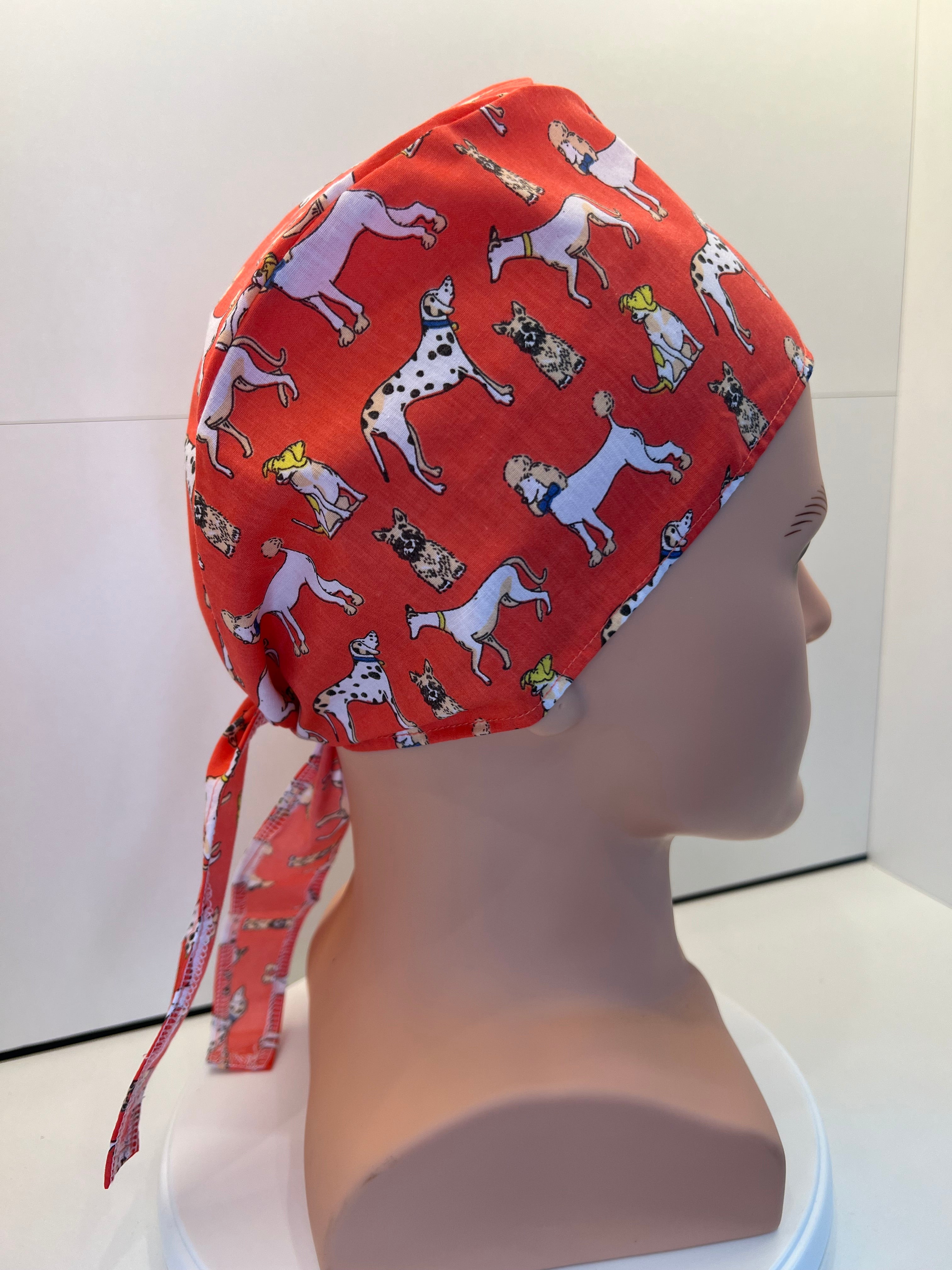 Coral Dogs Cotton Fabric tie-back theatre scrub cap / hat.  Ethically made