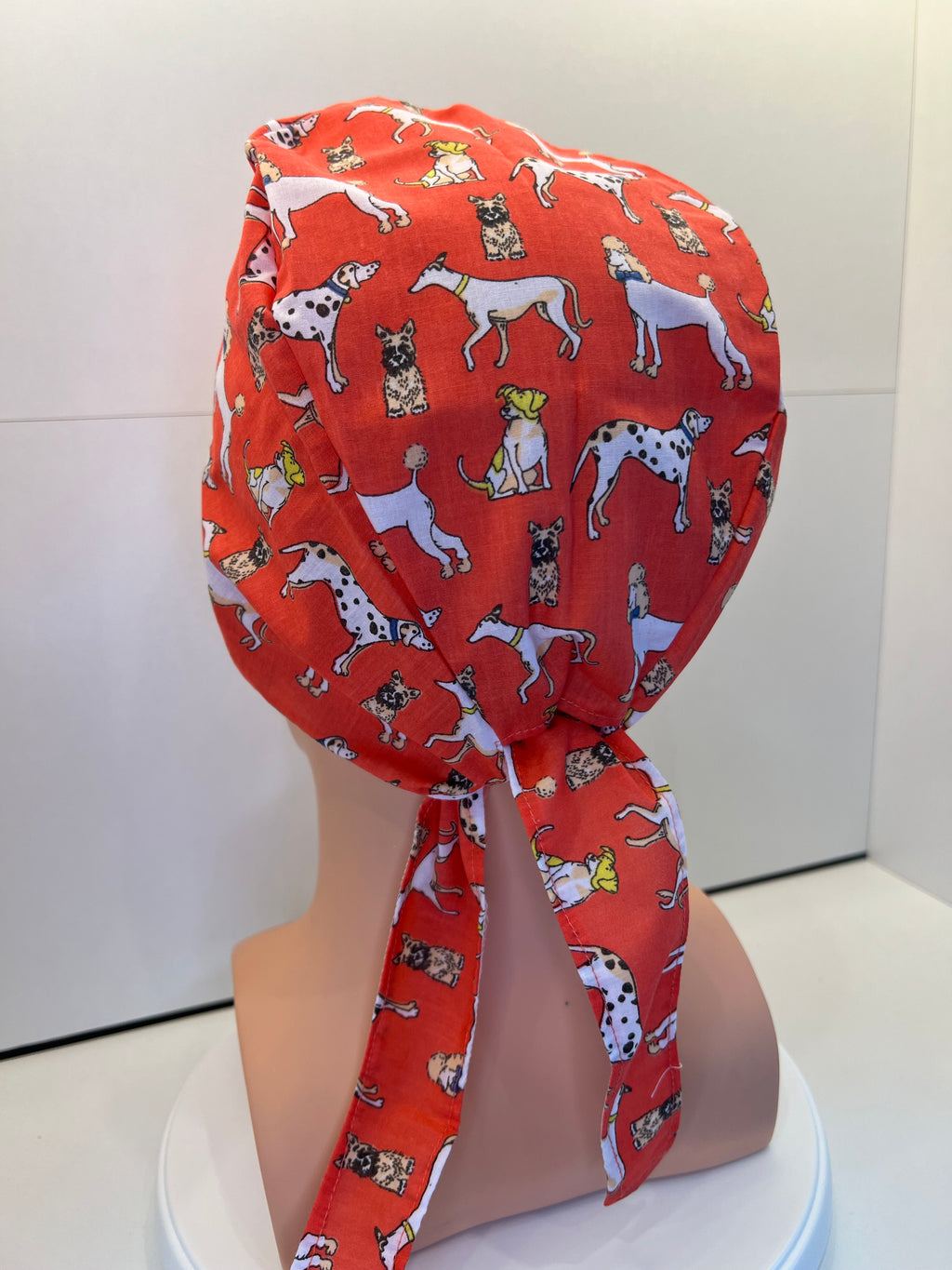 Coral Dogs Cotton Fabric tie-back theatre scrub cap / hat.  Ethically made