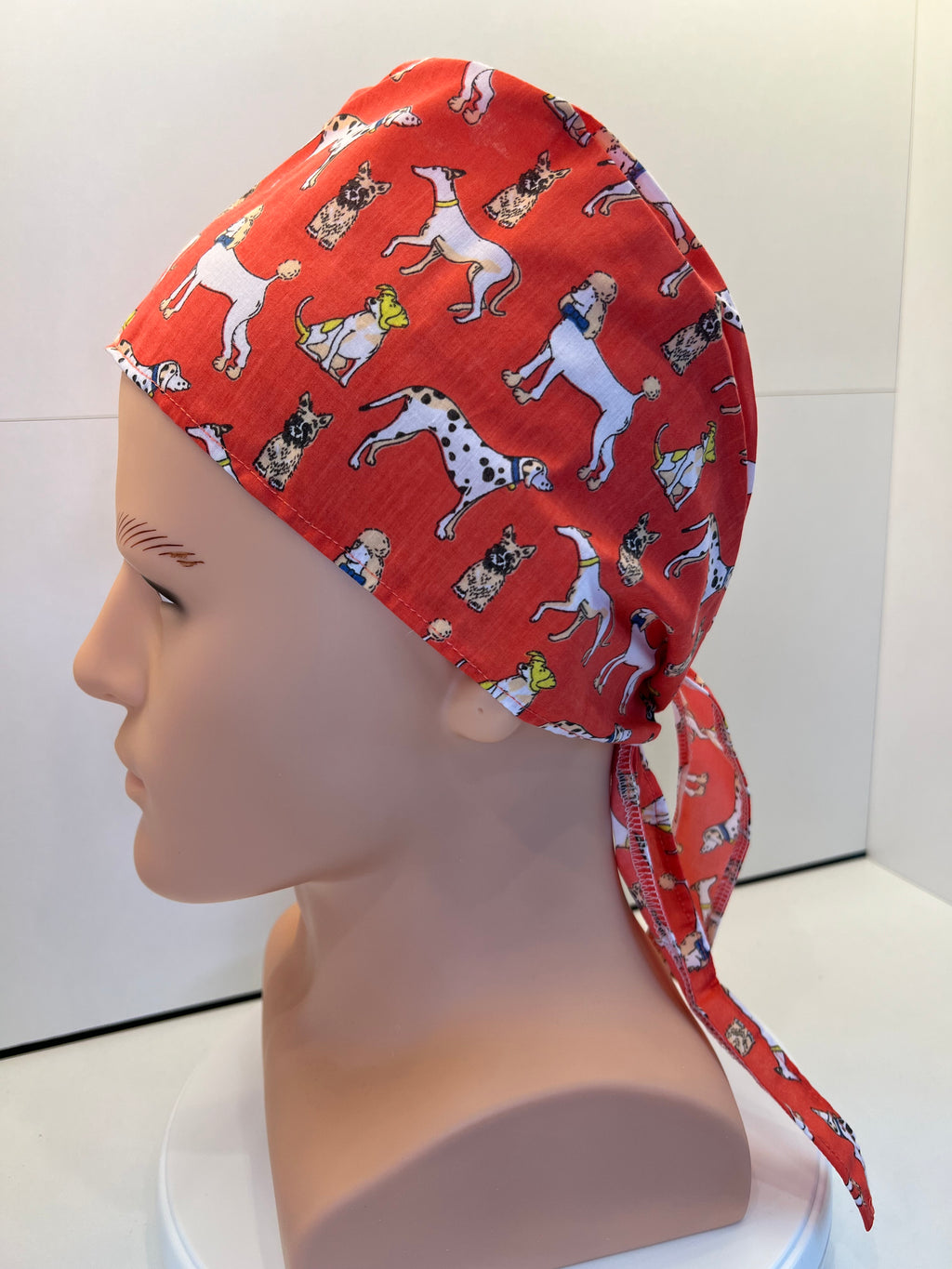 Coral Dogs Cotton Fabric tie-back theatre scrub cap / hat.  Ethically made