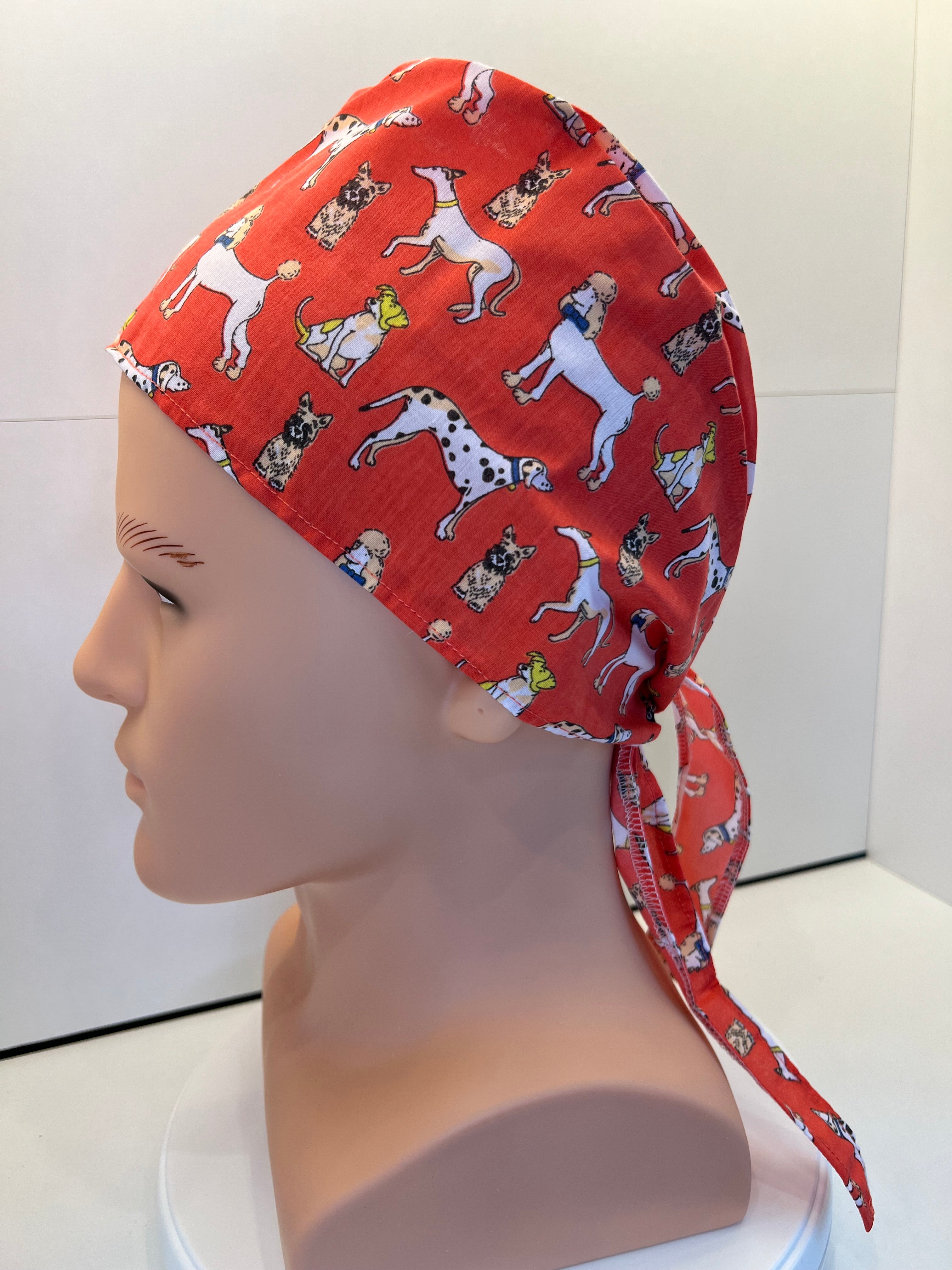 Coral Dogs Cotton Fabric tie-back theatre scrub cap / hat.  Ethically made