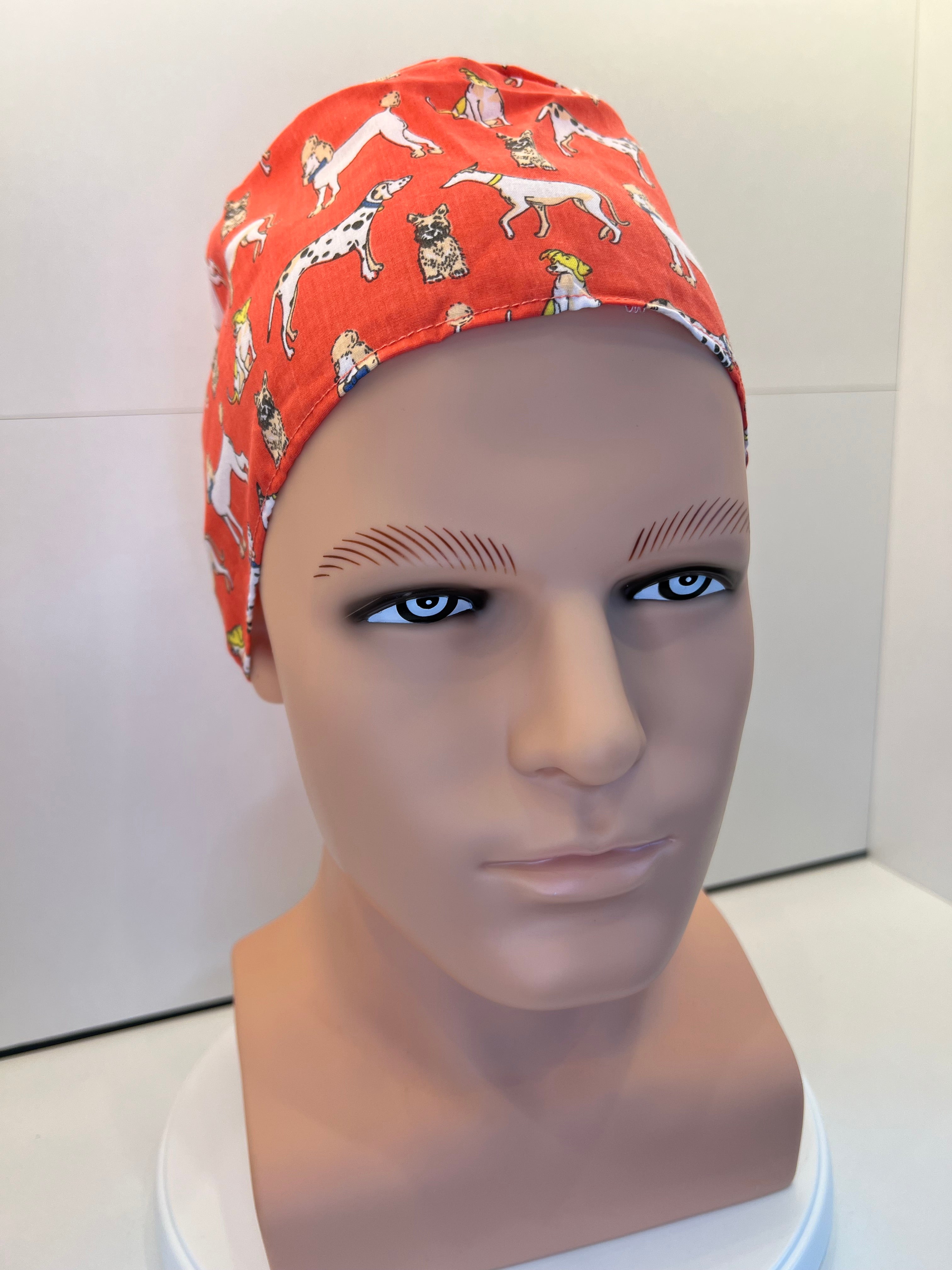 Coral Dogs Cotton Fabric tie-back theatre scrub cap / hat.  Ethically made