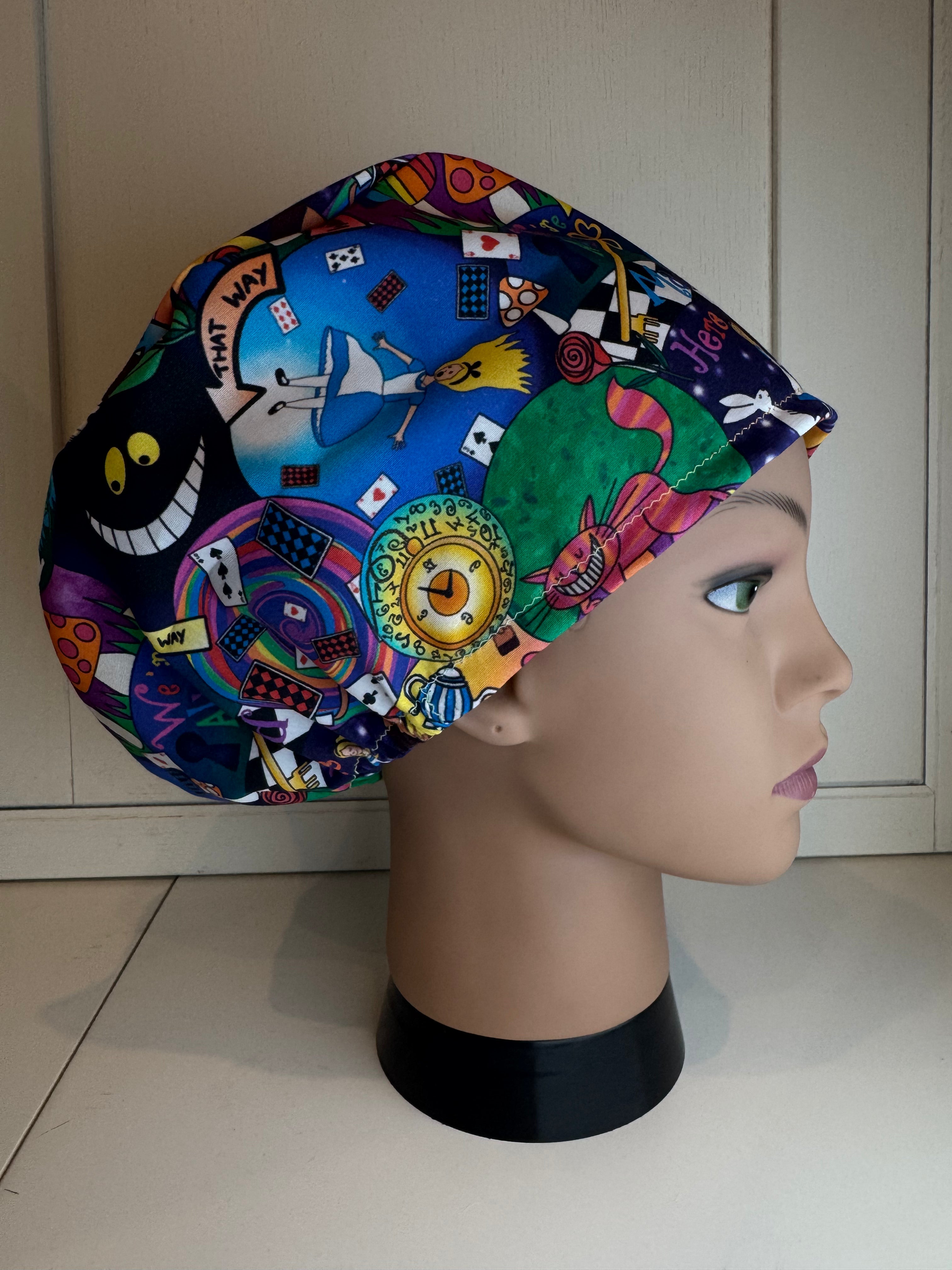 Alice in Wonderland Themed theatre scrub hat/cap - 100% cotton, Optional Satin lining