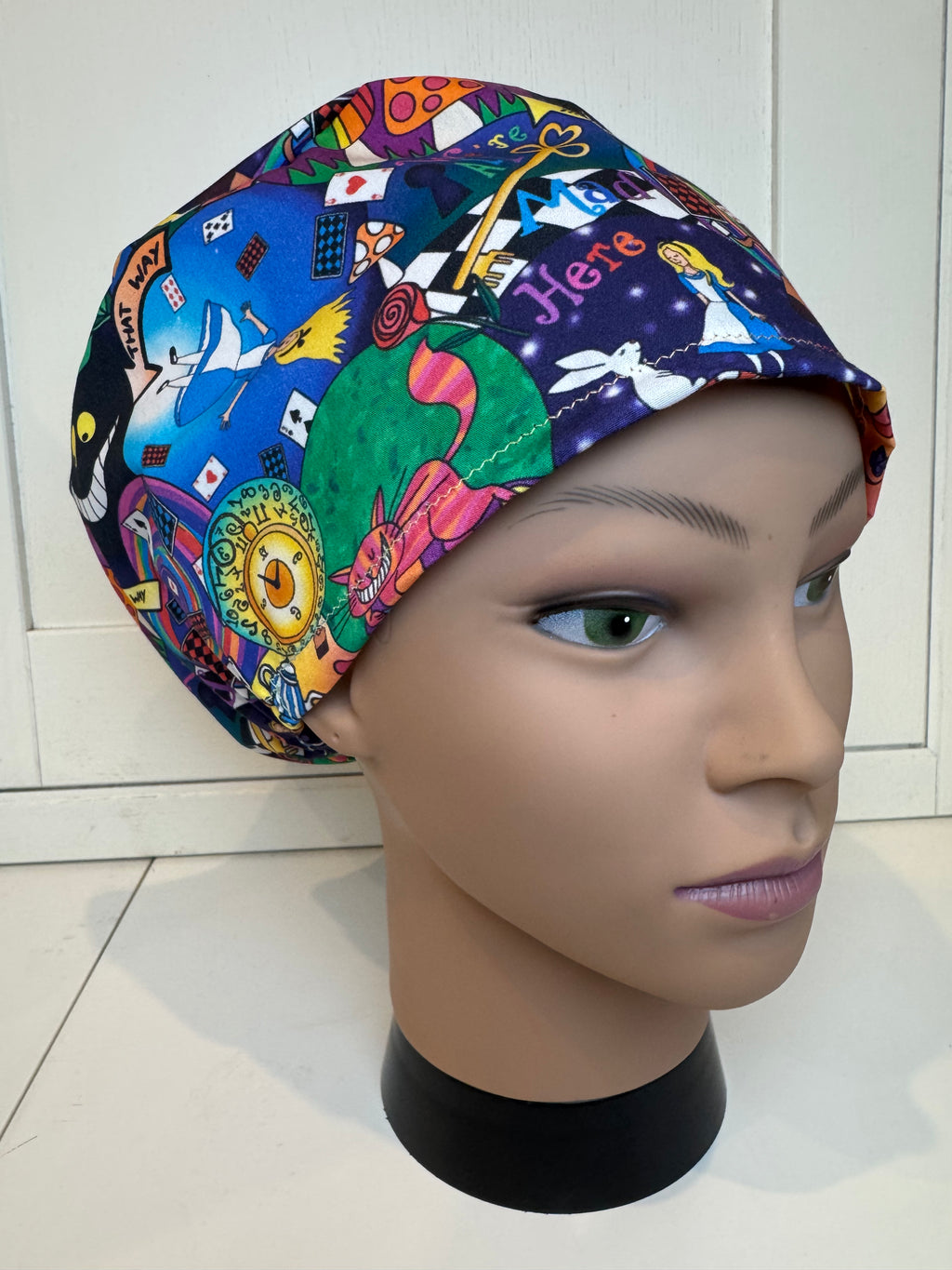 Alice in Wonderland Themed theatre scrub hat/cap - 100% cotton, Optional Satin lining