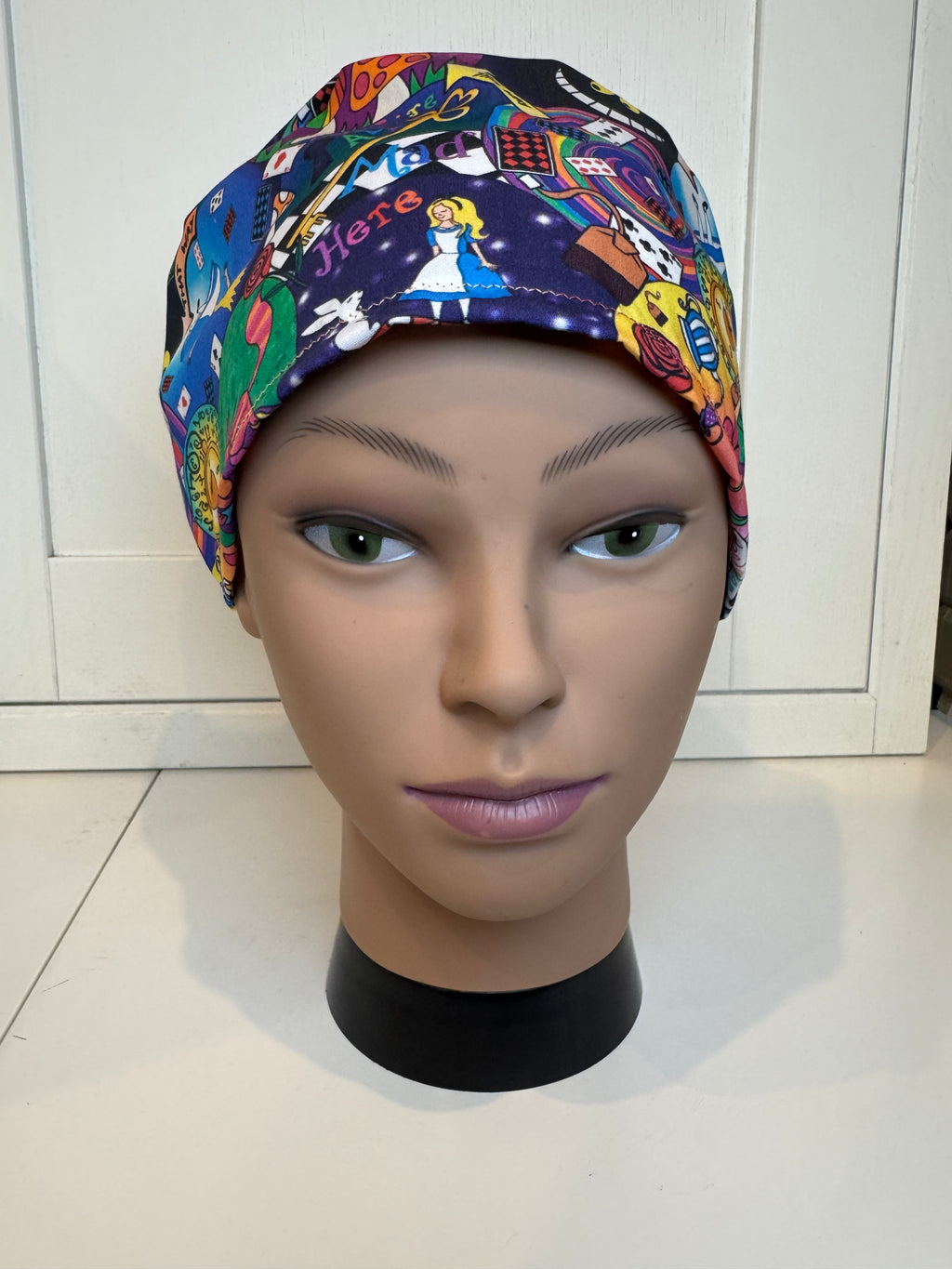 Alice in Wonderland Themed theatre scrub hat/cap - 100% cotton, Optional Satin lining
