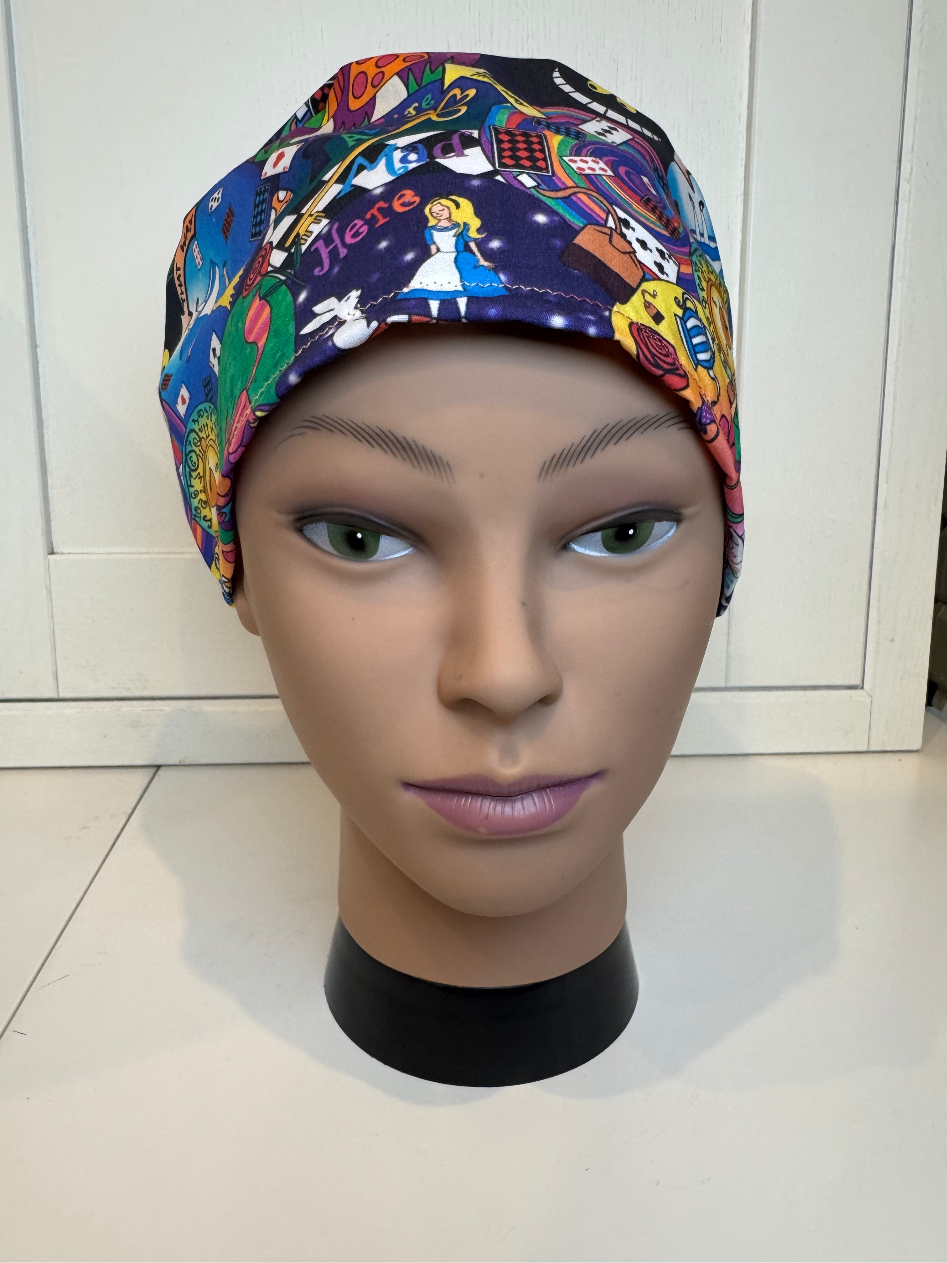 Alice in Wonderland Themed theatre scrub hat/cap - 100% cotton, Optional Satin lining