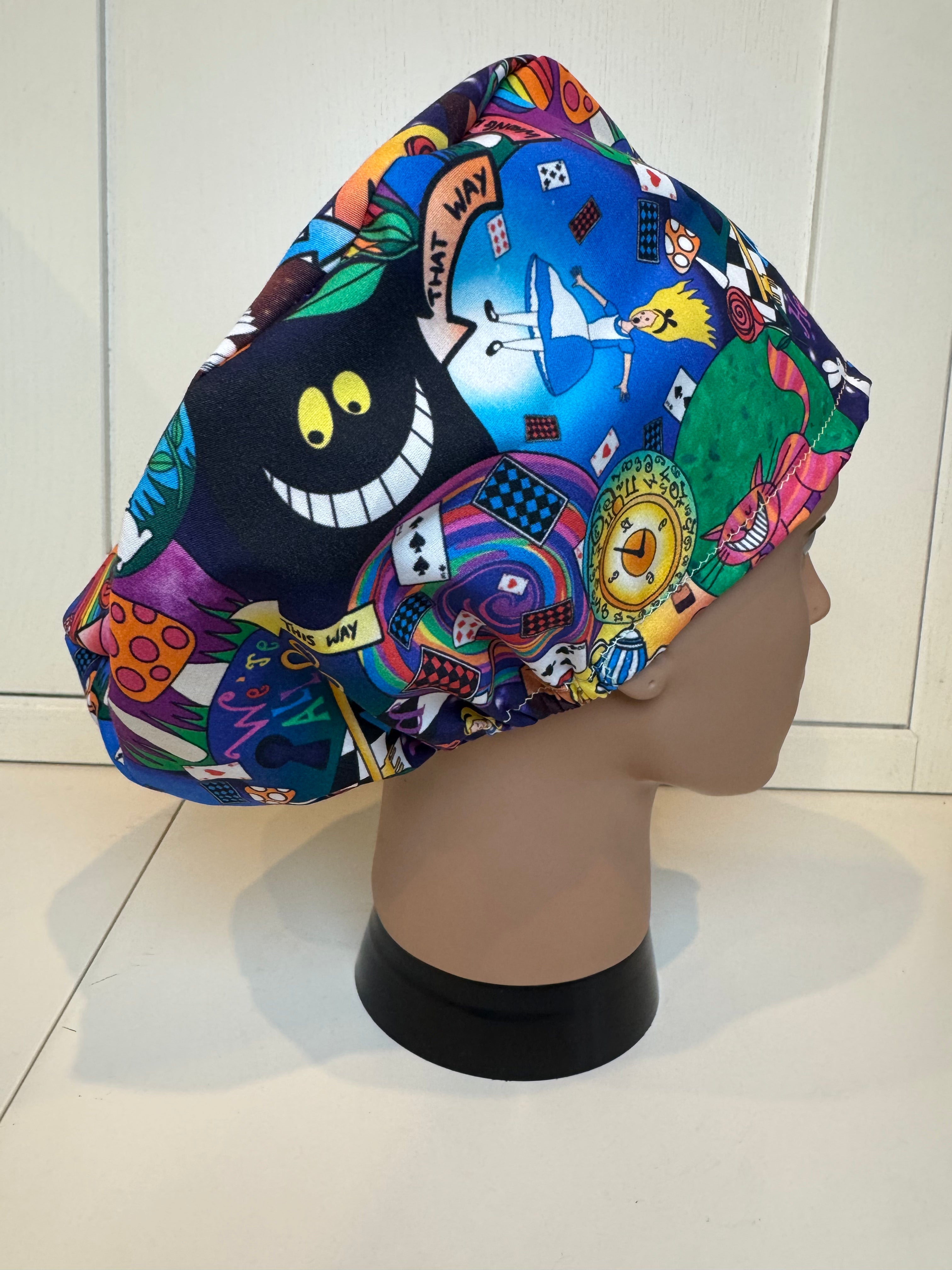 Alice in Wonderland Themed theatre scrub hat/cap - 100% cotton, Optional Satin lining