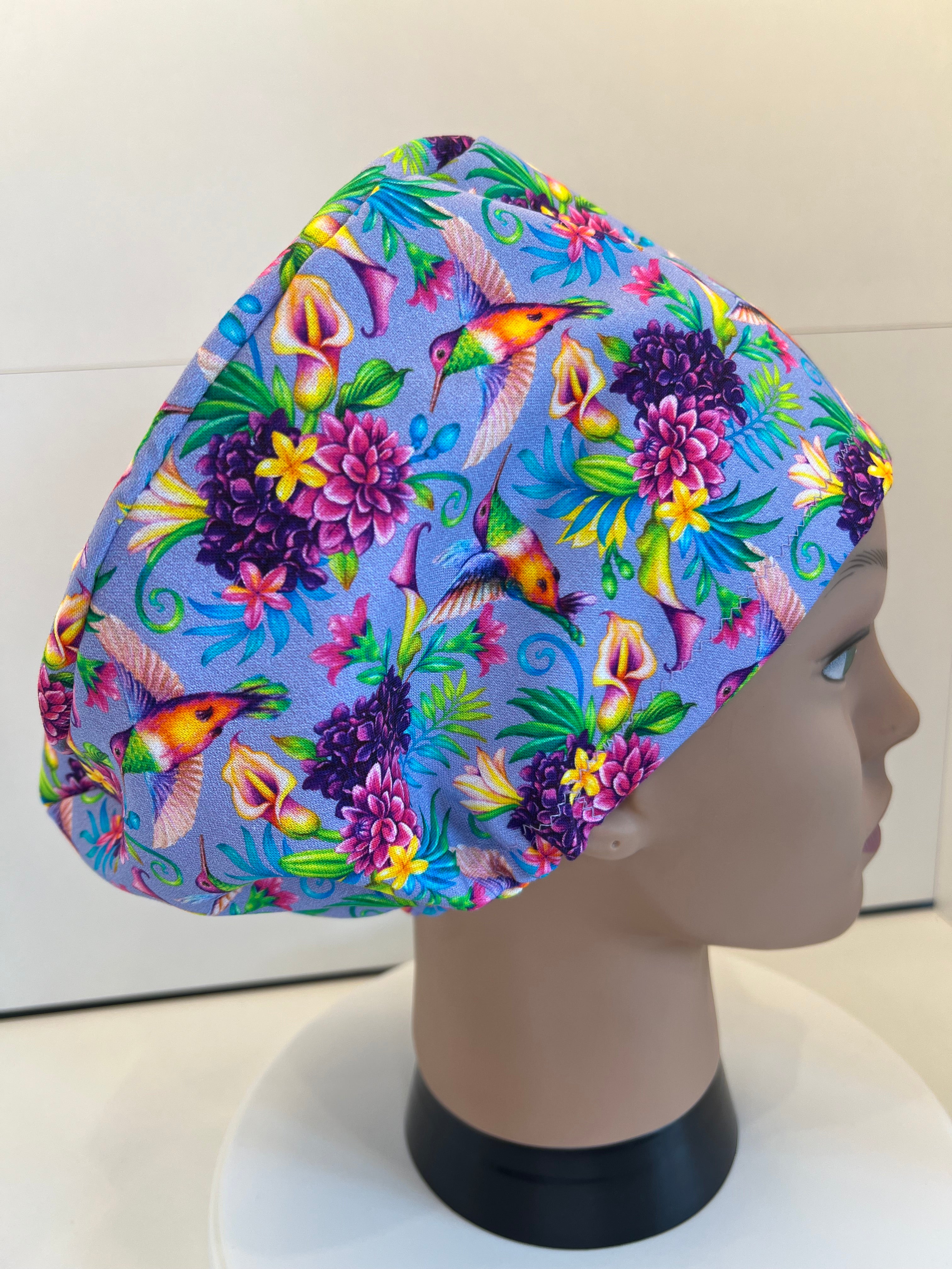 Lilac Tropical Garden 100% Cotton Fabric Scrub Cap/Theatre Hat - Optional Satin Lining