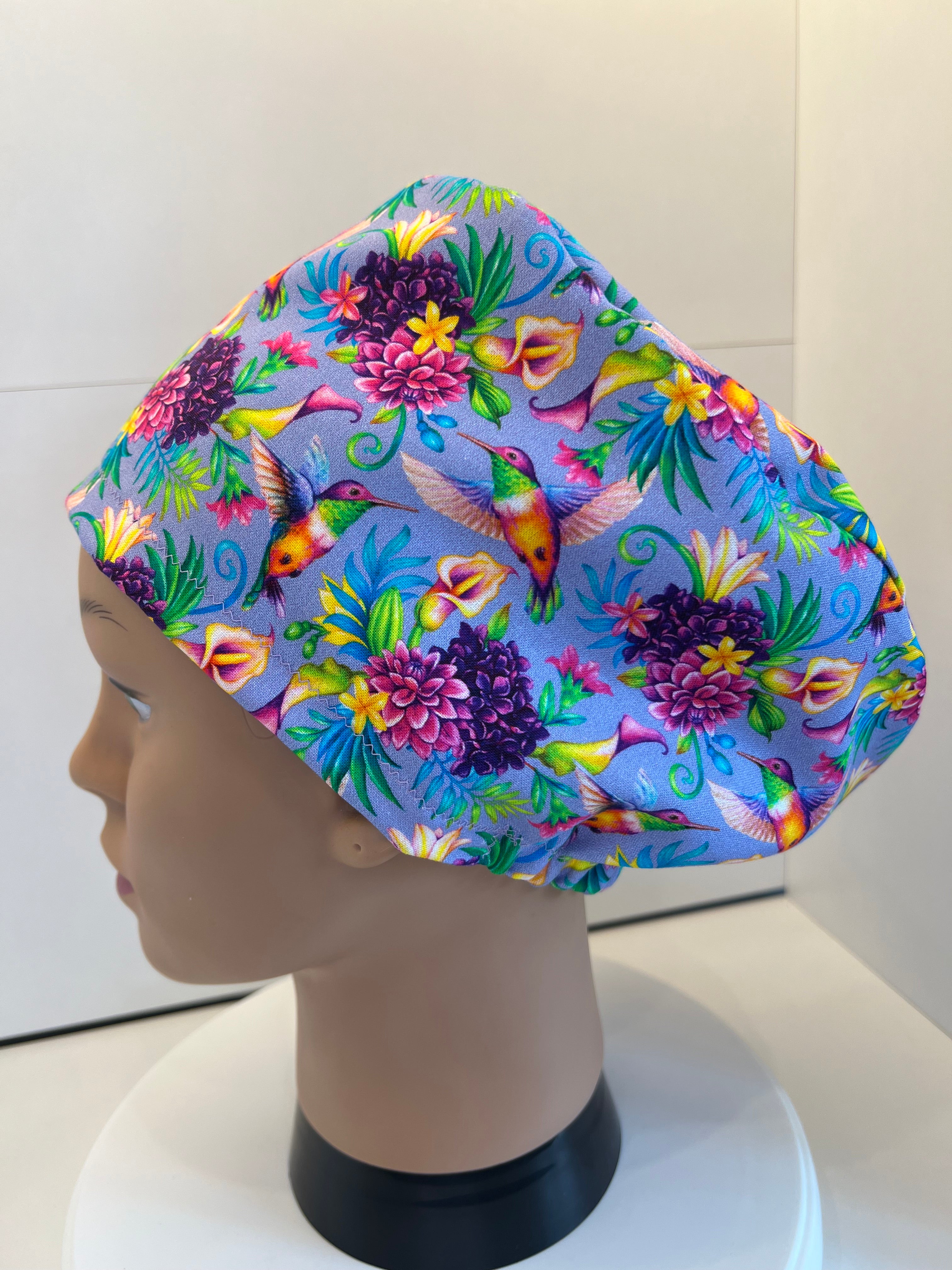 Lilac Tropical Garden 100% Cotton Fabric Scrub Cap/Theatre Hat - Optional Satin Lining
