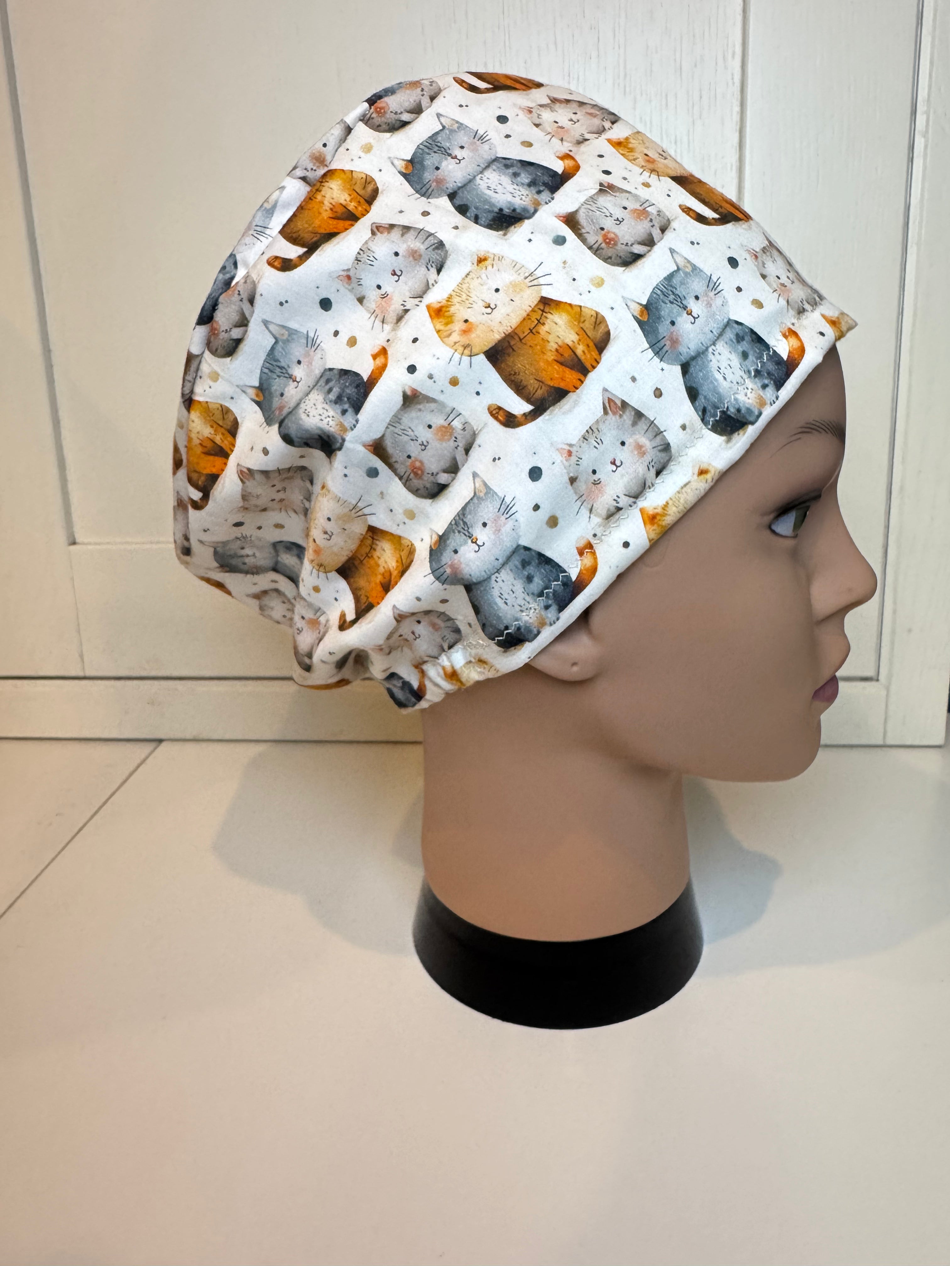 Sitting Cats Themed theatre scrub hat/cap - 100% cotton, Optional Satin lining