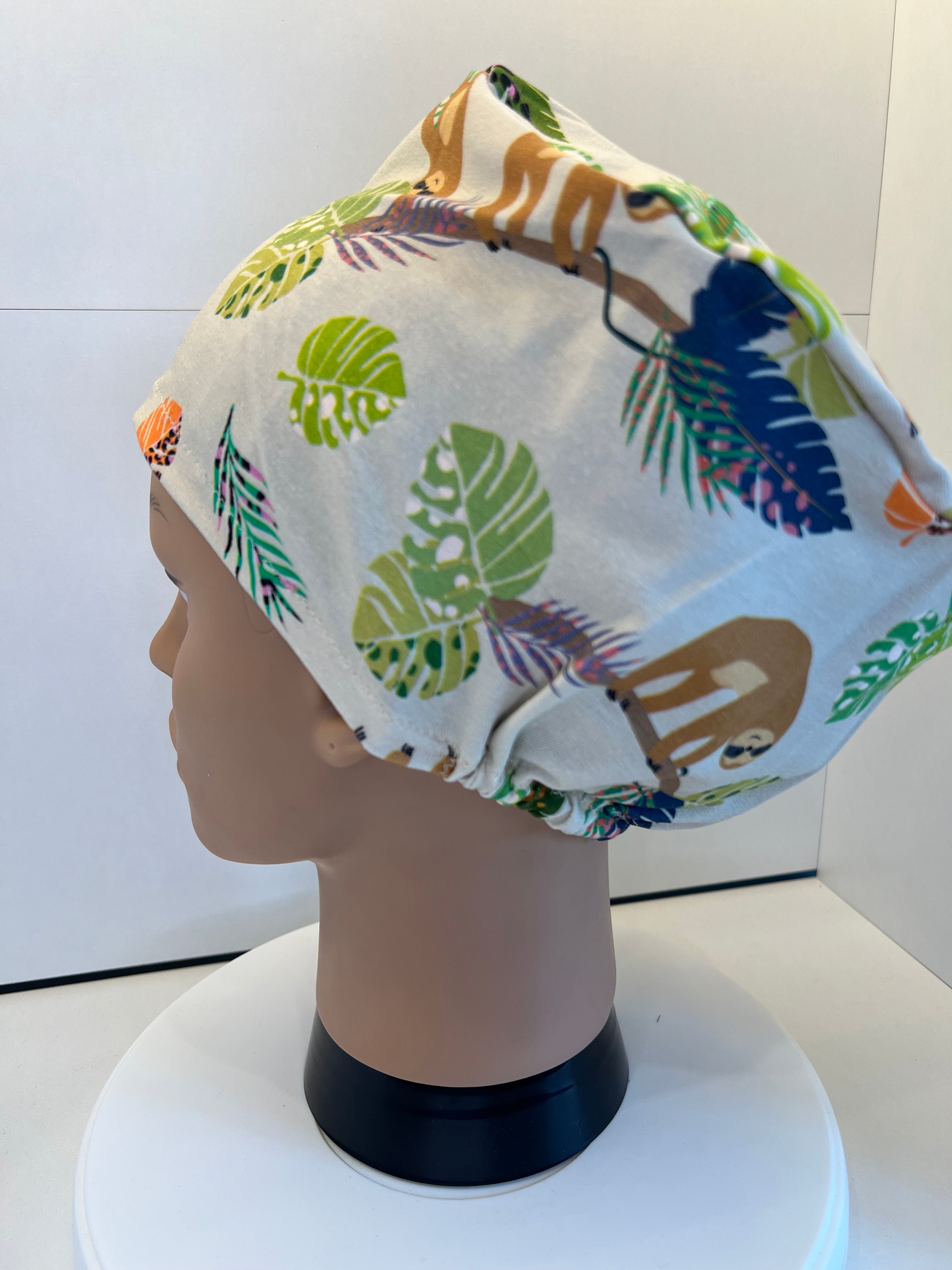 Sloths in Trees Soft Jersey Fabric theatre scrub cap / hat.  Ethically made. Standard and Large size
