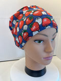 Navy Strawberries Soft Jersey Fabric theatre scrub cap / hat.  Ethically made. Standard and Large size
