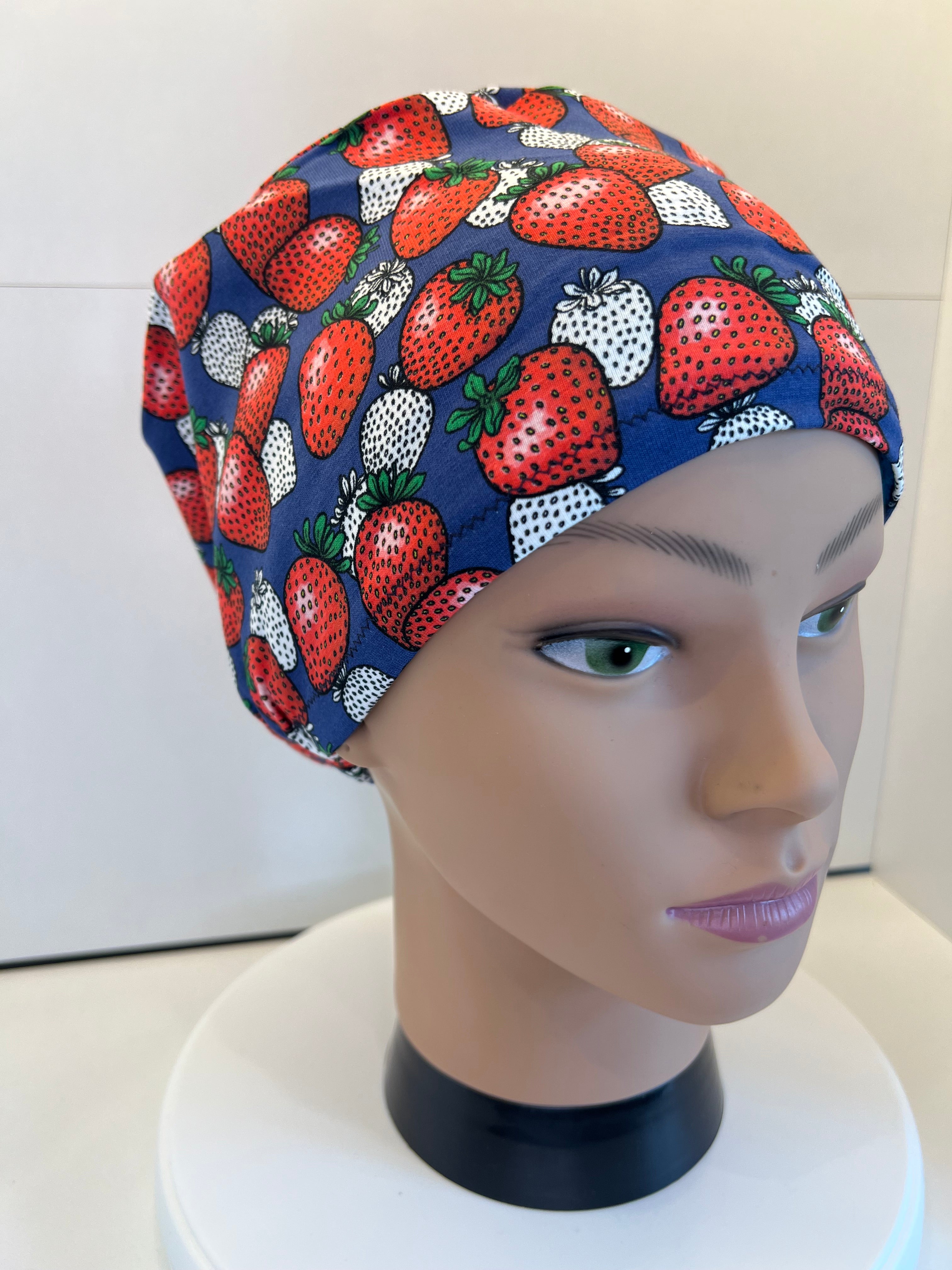 Navy Strawberries Soft Jersey Fabric theatre scrub cap / hat.  Ethically made. Standard and Large size