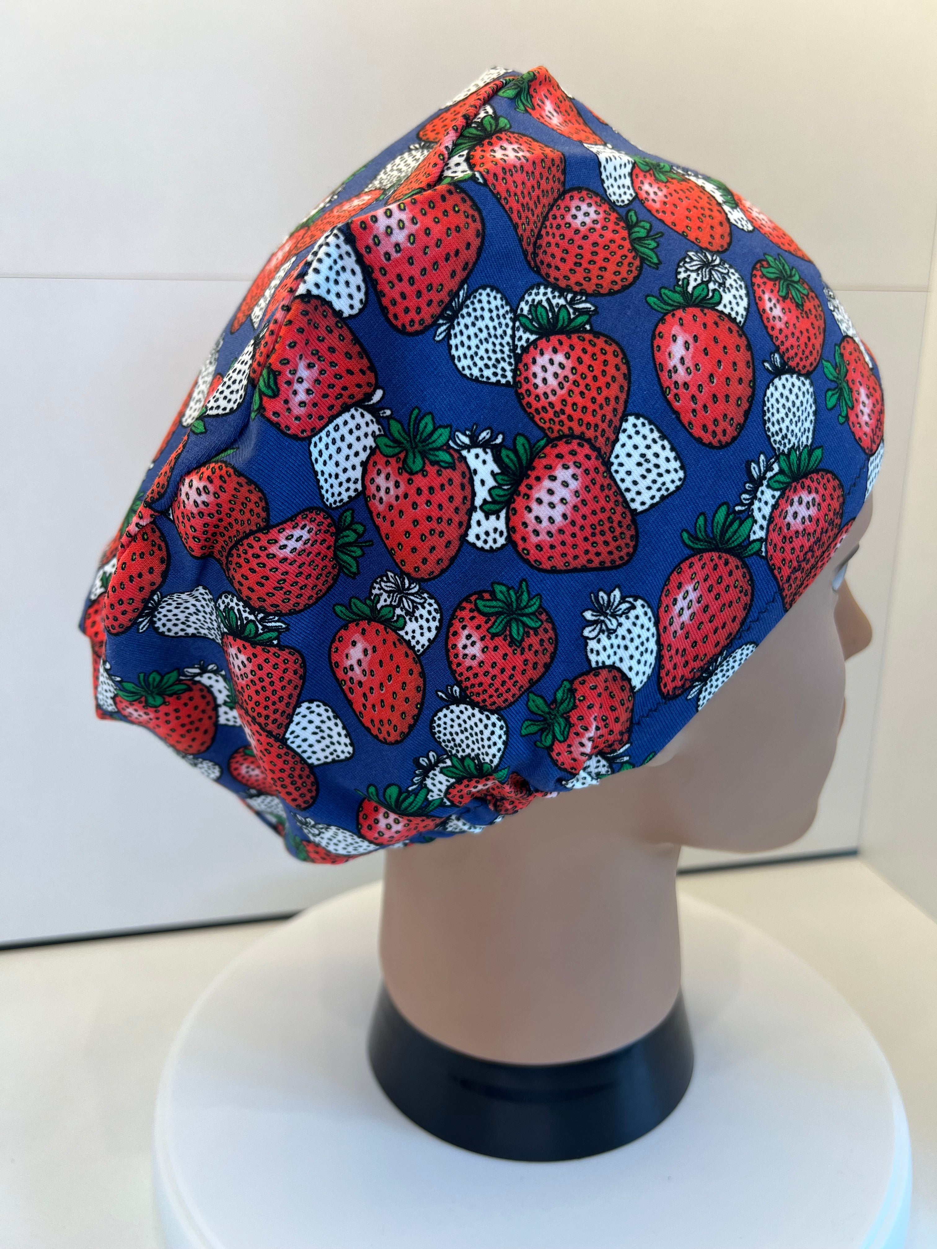 Navy Strawberries Soft Jersey Fabric theatre scrub cap / hat.  Ethically made. Standard and Large size