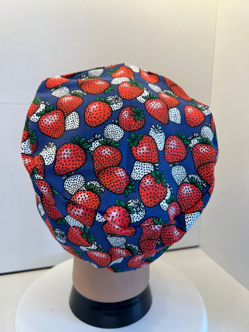 Navy Strawberries Soft Jersey Fabric theatre scrub cap / hat.  Ethically made. Standard and Large size