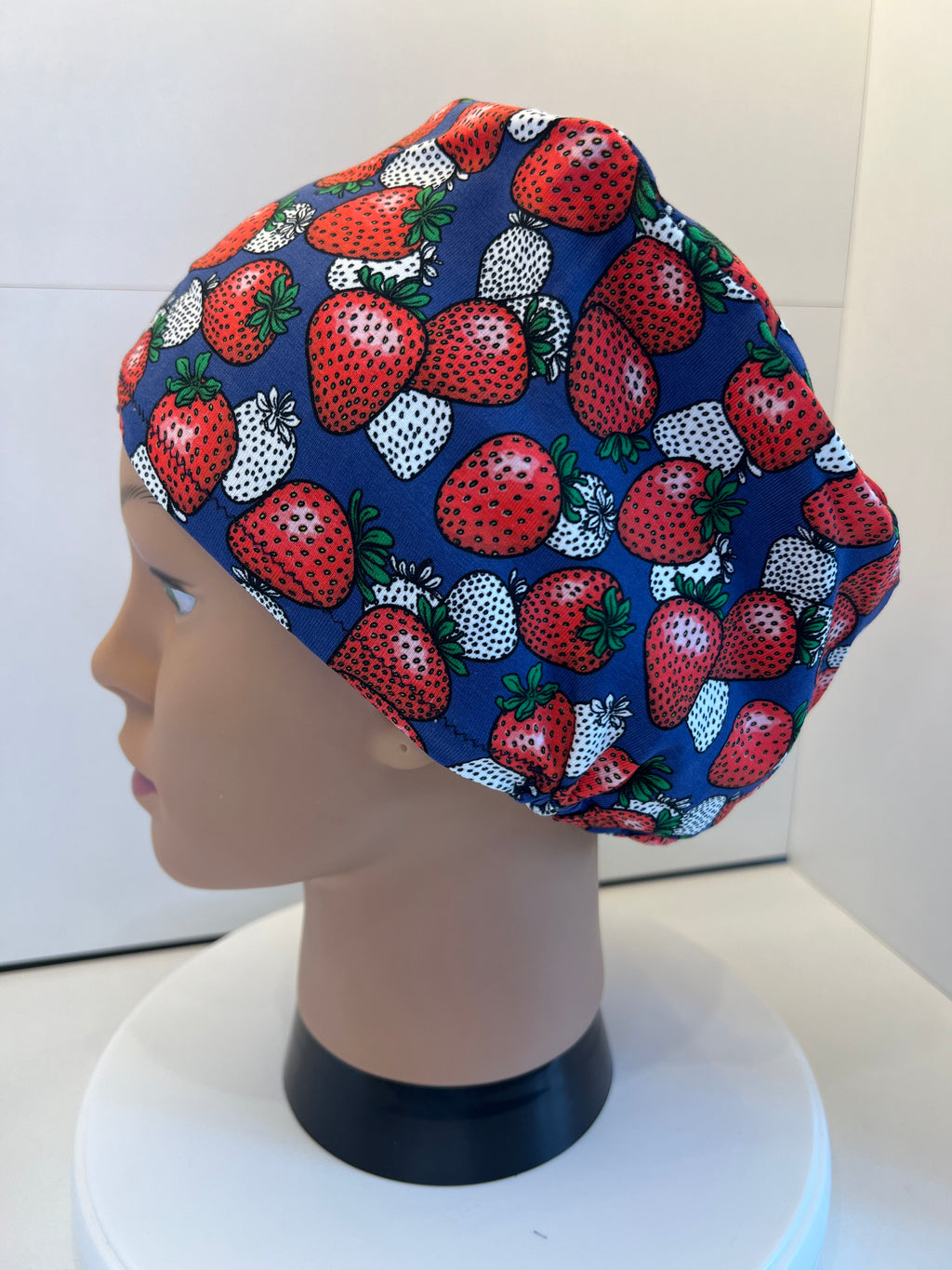 Navy Strawberries Soft Jersey Fabric theatre scrub cap / hat.  Ethically made. Standard and Large size