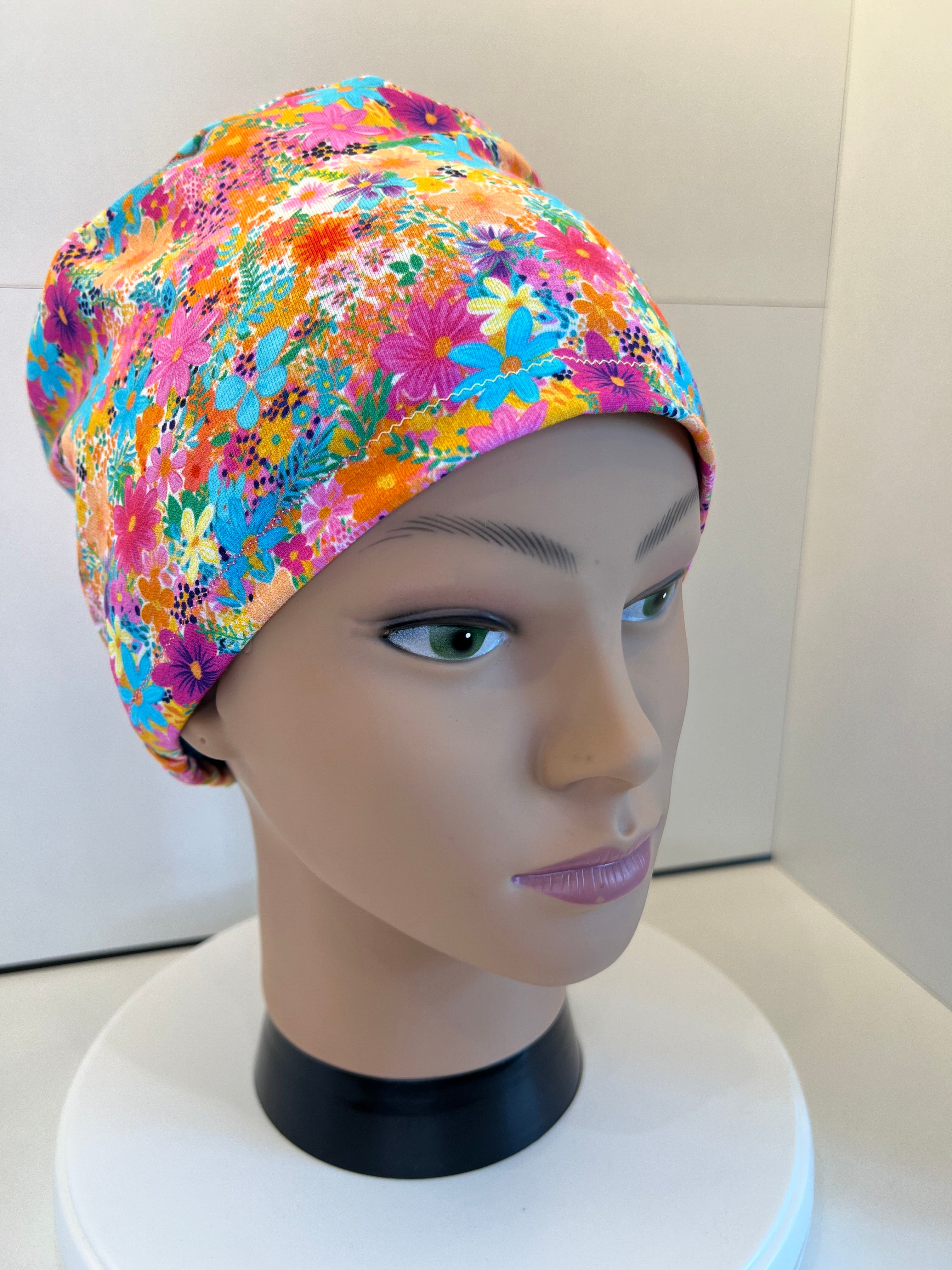 Bright Floral Premium Cotton Jersey Super Soft Surgical/Theatre Scrub Hat/Cap. UK Handmade
