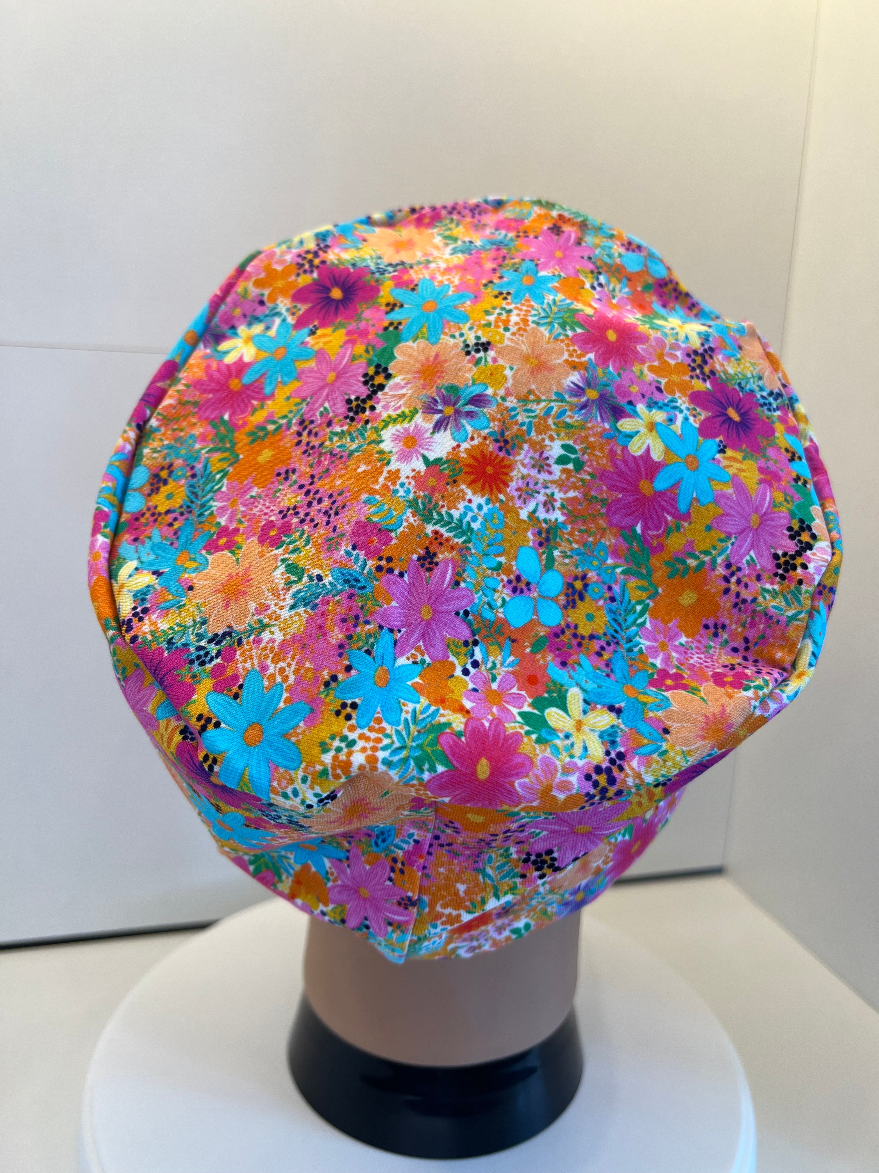Bright Floral Premium Cotton Jersey Super Soft Surgical/Theatre Scrub Hat/Cap. UK Handmade