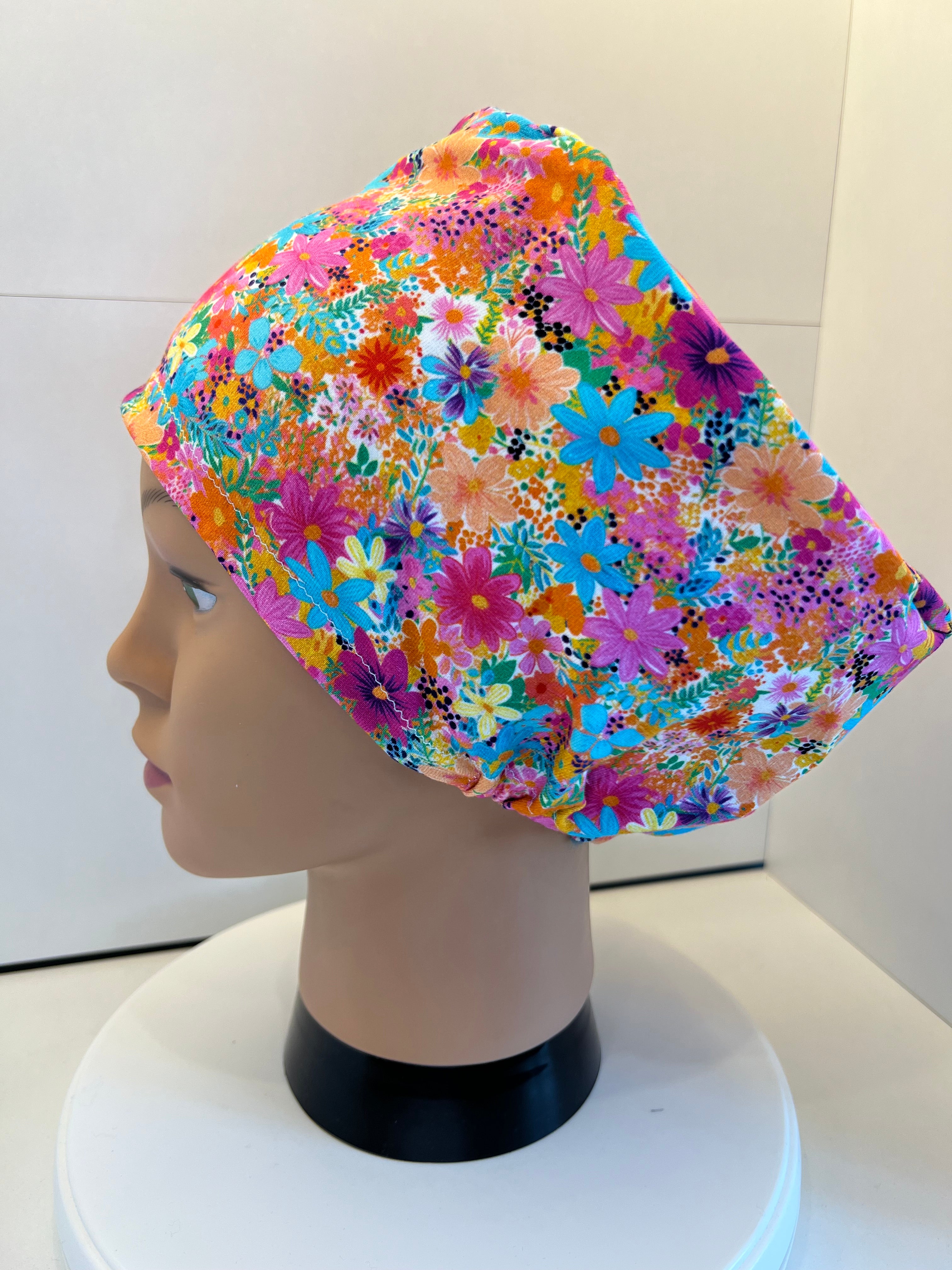 Bright Floral Premium Cotton Jersey Super Soft Surgical/Theatre Scrub Hat/Cap. UK Handmade